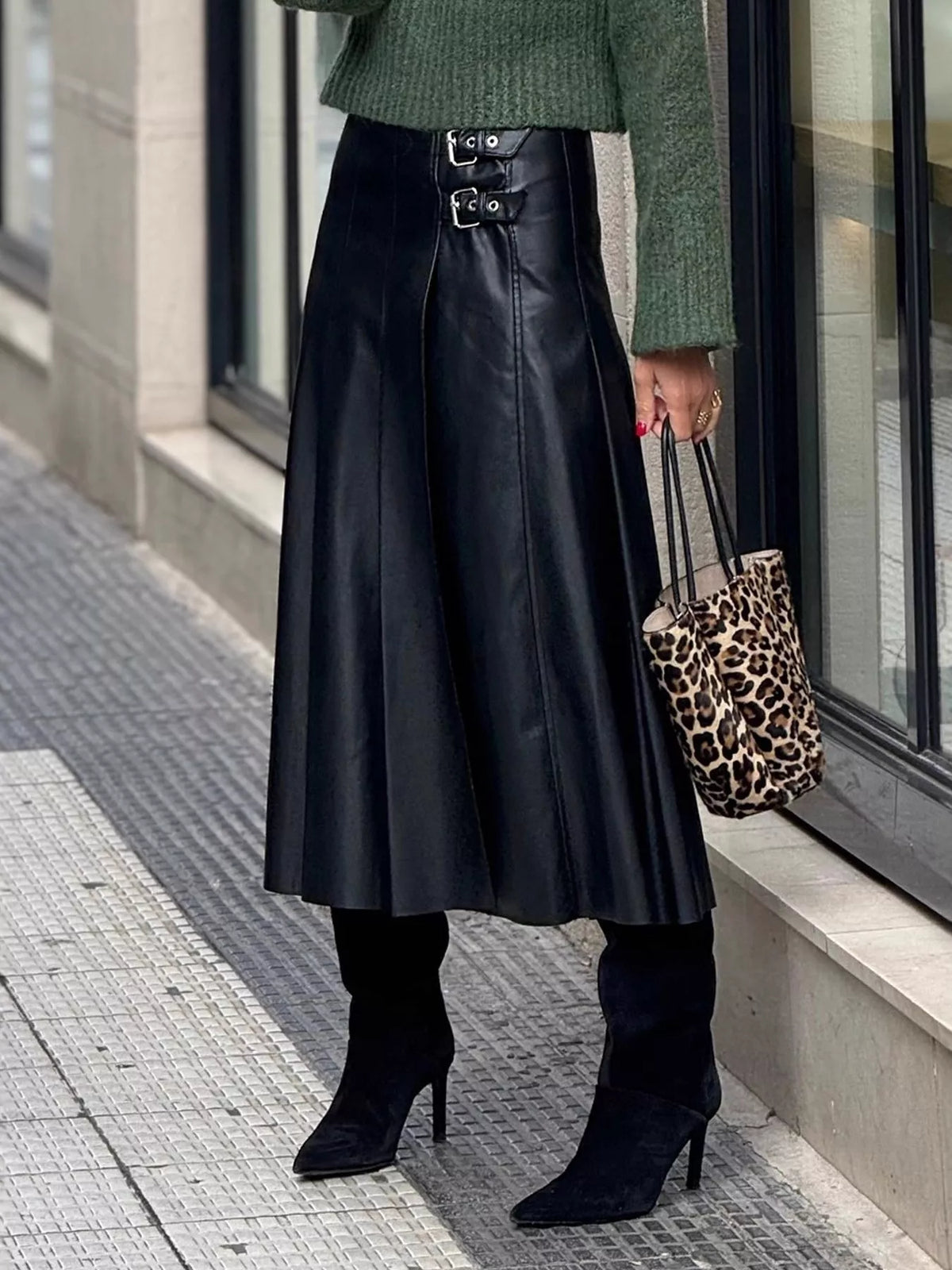 Buckle Detail Faux Leather Midi Skirt in Black