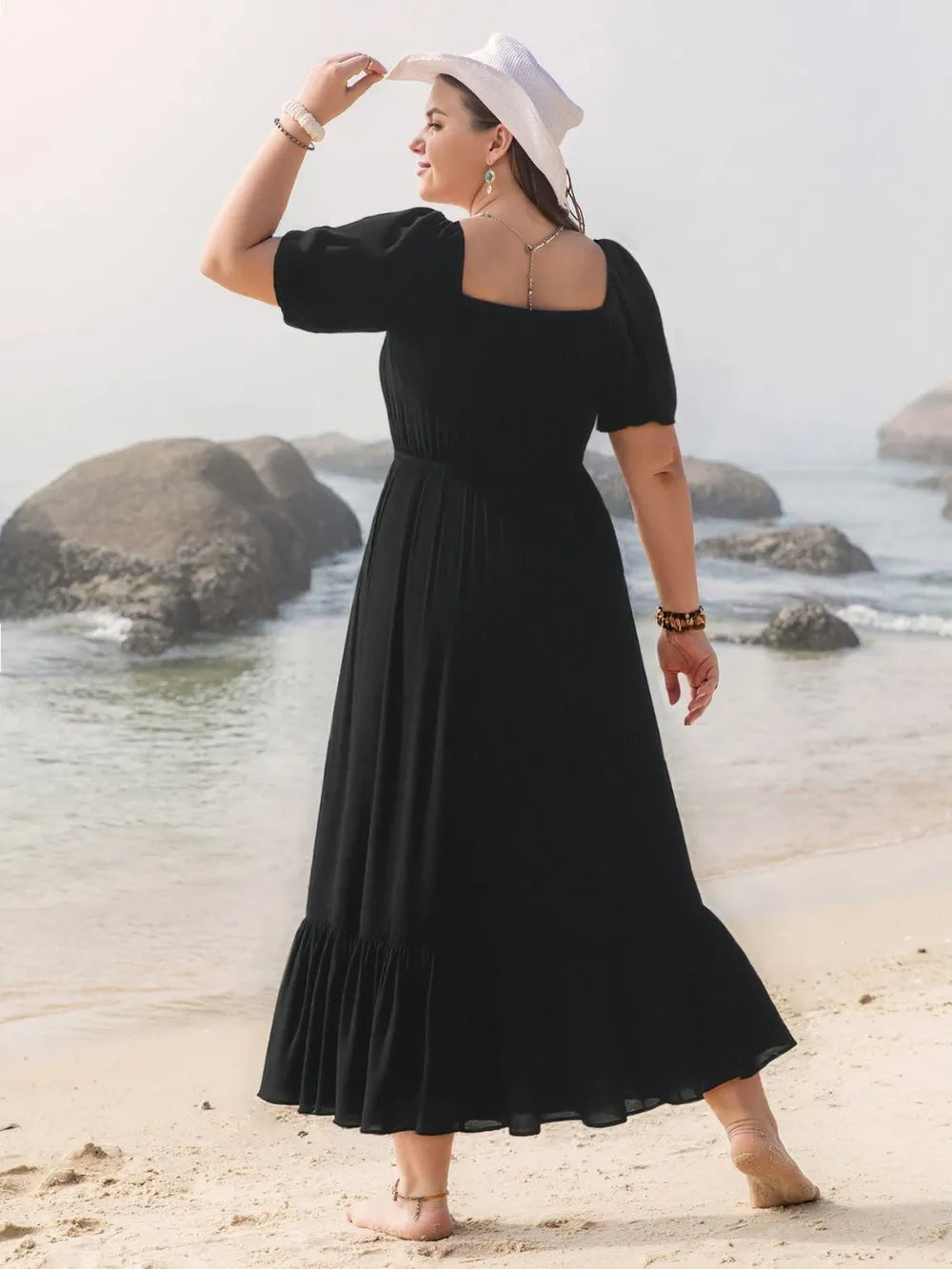 Ruffled Hem Square Neck Dress in Black