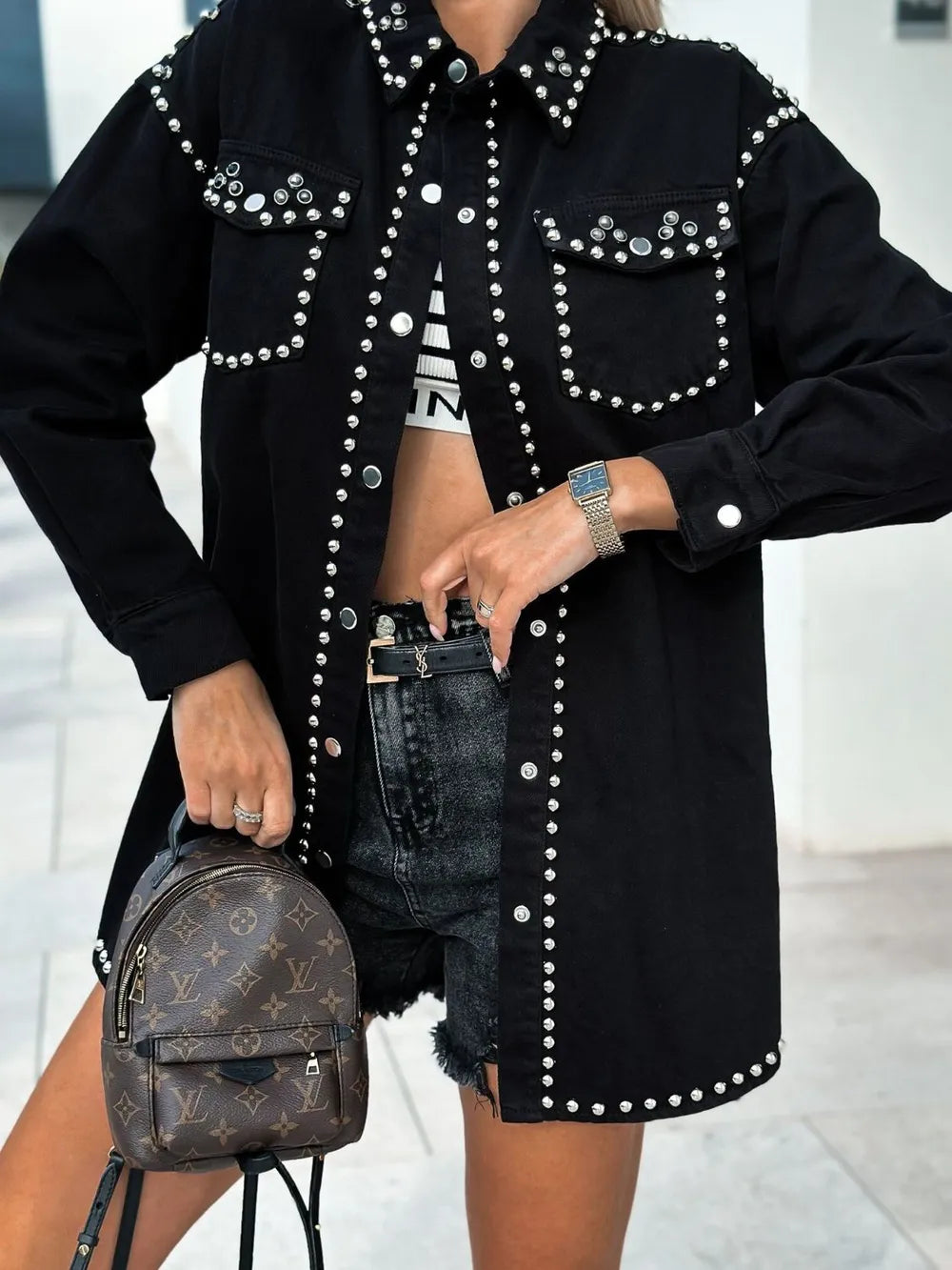 Studded Snap Down Denim Shacket in Black by Y.Y@Denim