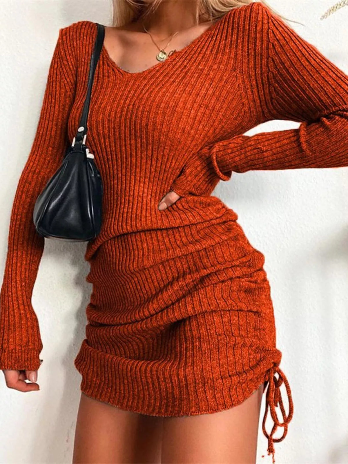 Ribbed Knit Drawstring Bodycon Sweater Dress