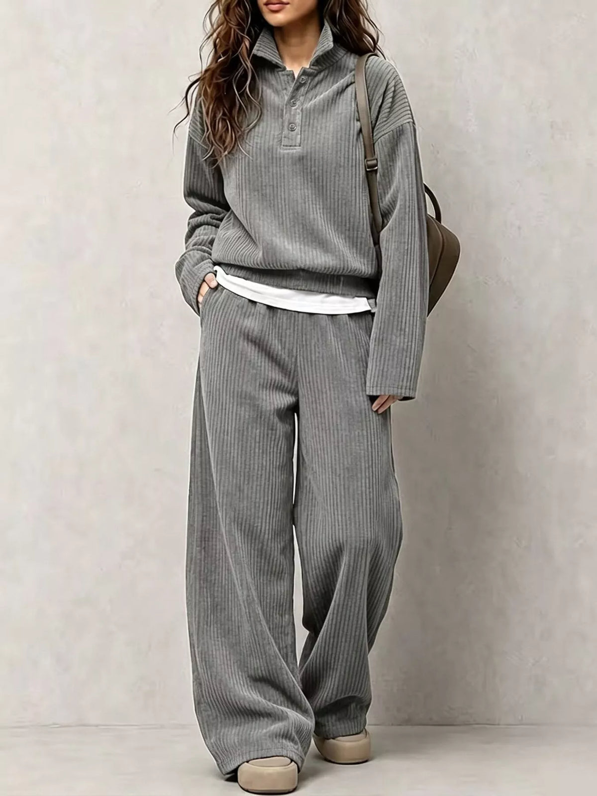 Corduroy Button-Front Top and Wide Leg Pants Set
