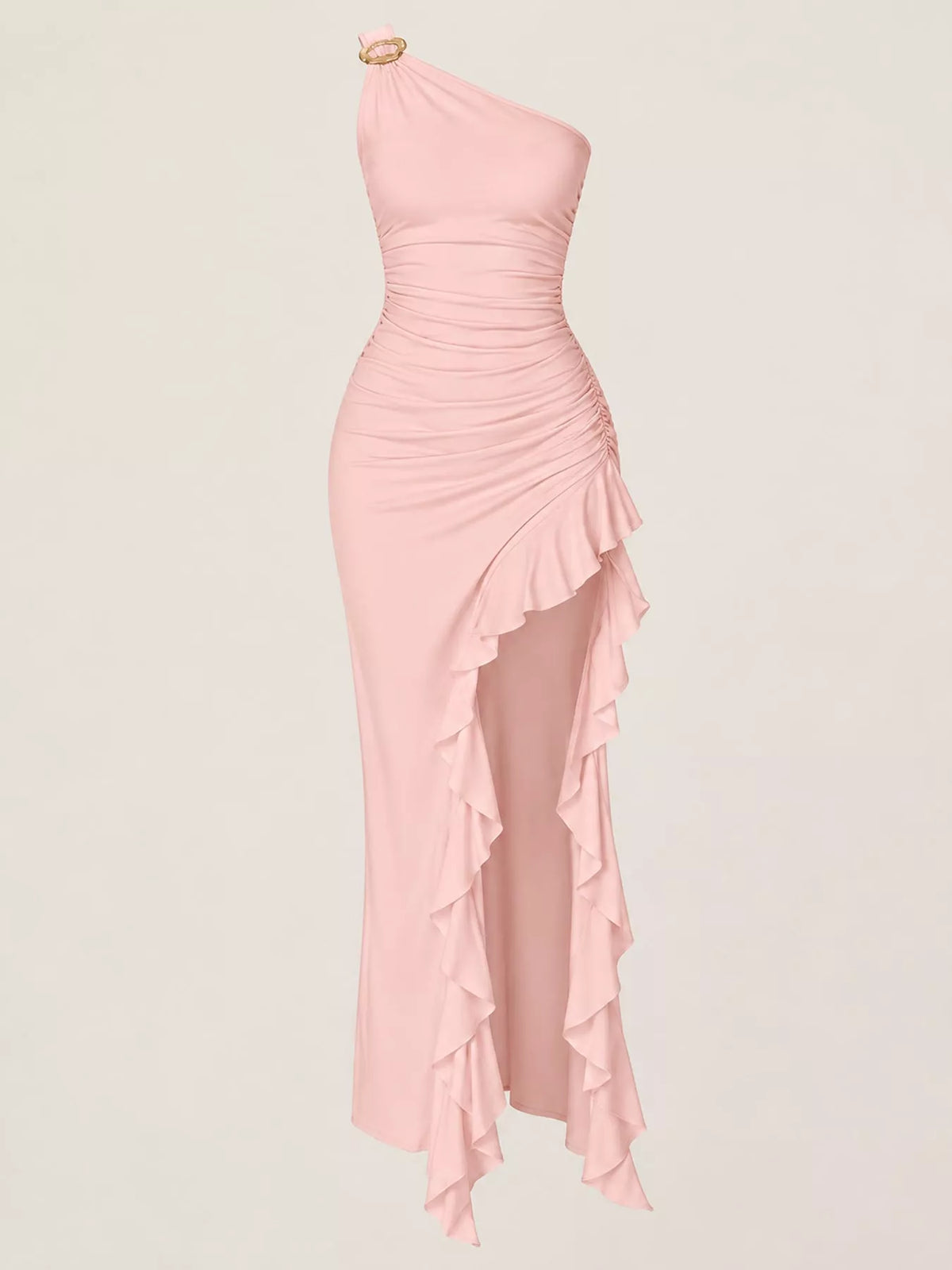 One-Shoulder Ruched Ruffle Hem Maxi Dress