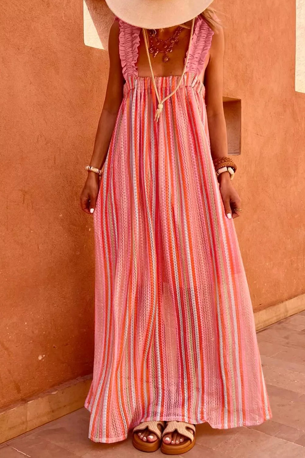 Striped Ribbon-Tie Maxi Dress in Burnt Coral
