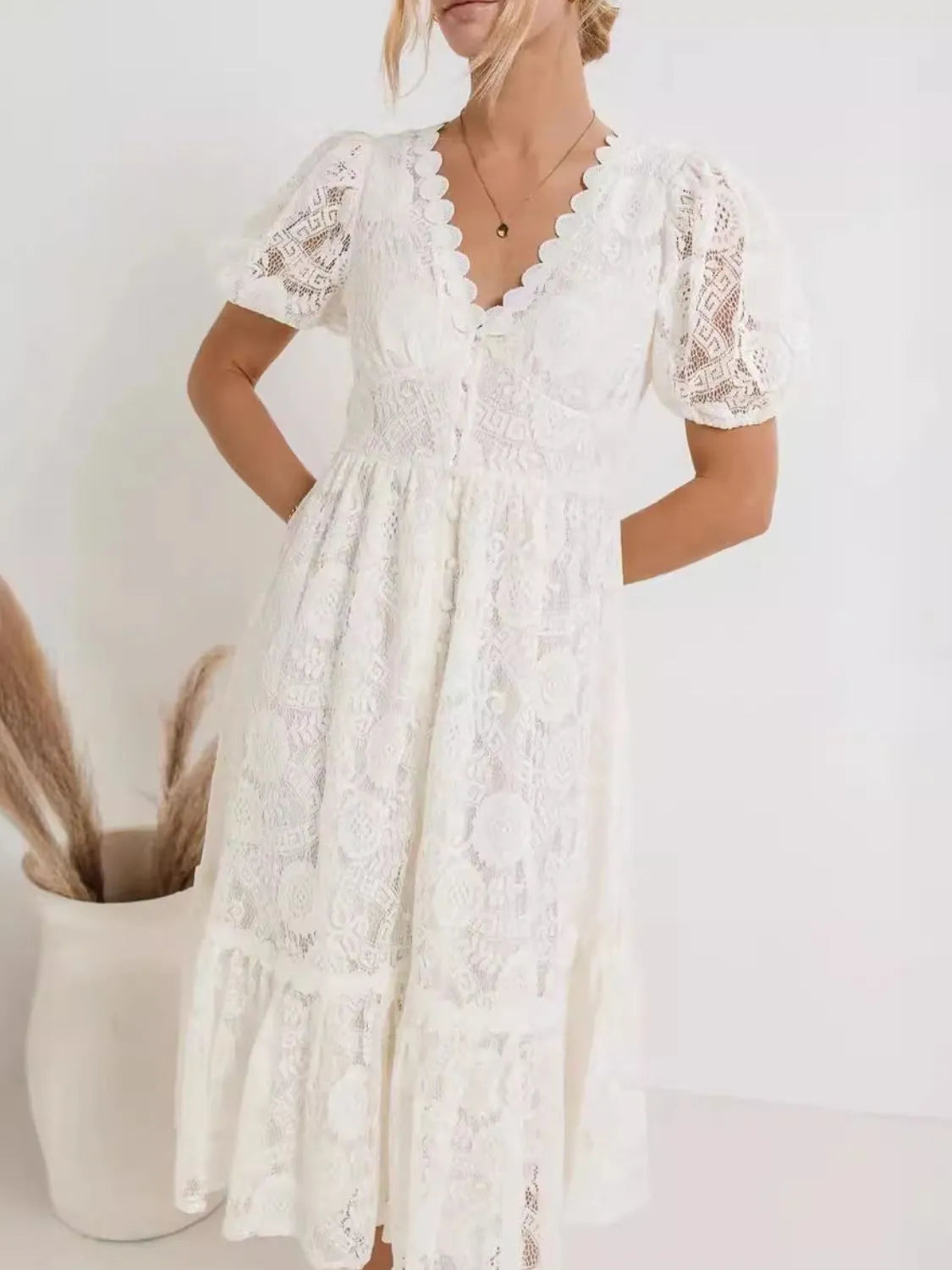 Lace V-Neck Short Sleeve Dress in Dusty Pink