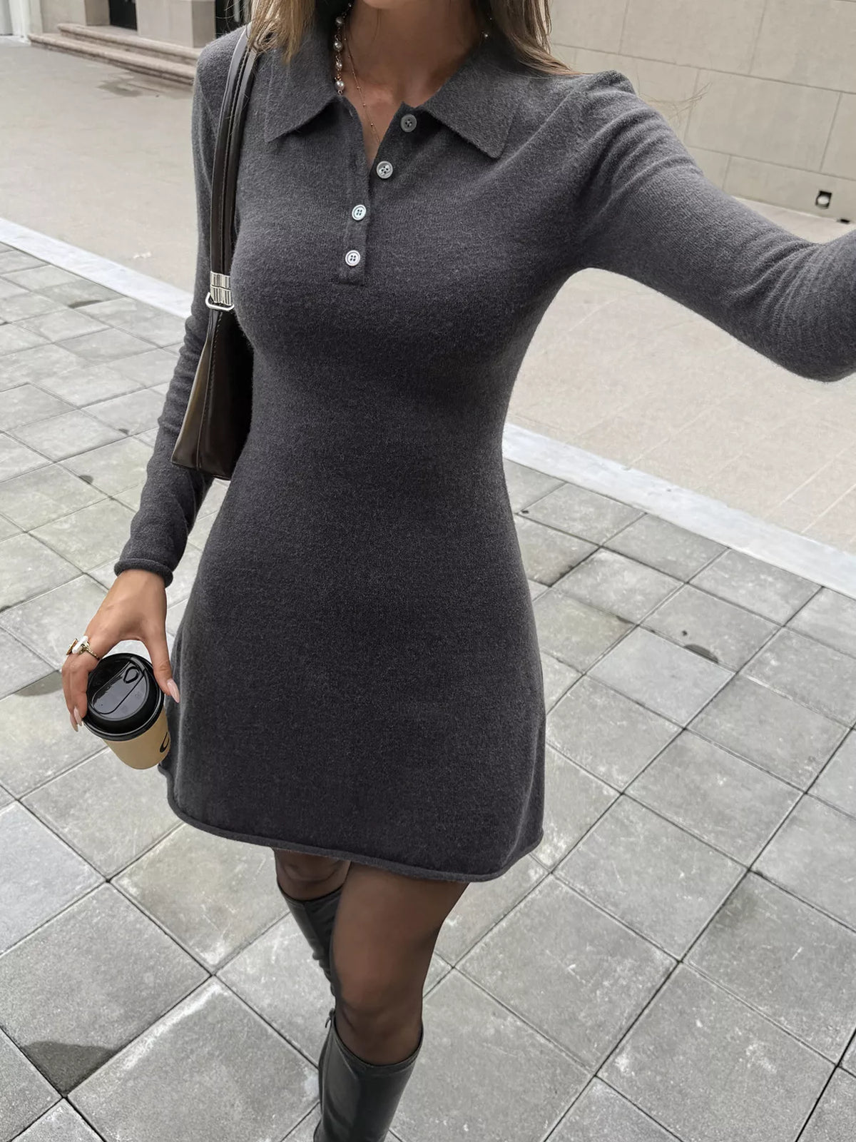 Slim-Fit Polo Collar Sweater Dress in Gray