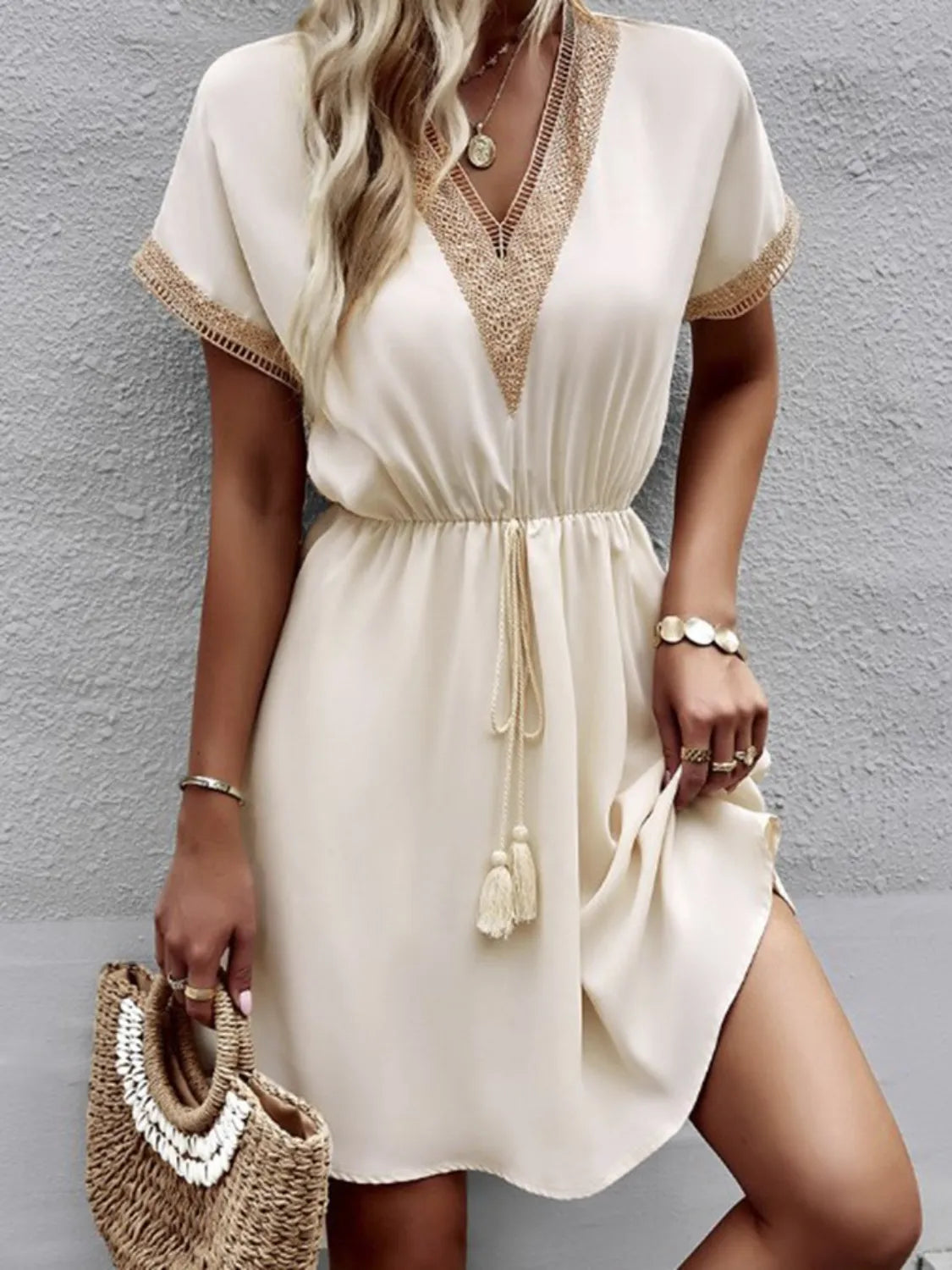 Tasseled V-Neck Short-Sleeve Dress