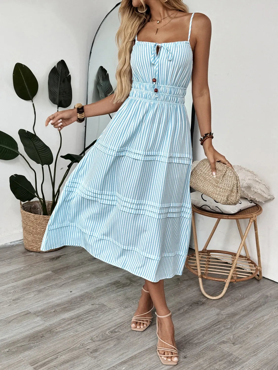Striped Spaghetti Strap Midi Dress in Pastel Blue in Pastel  Blue