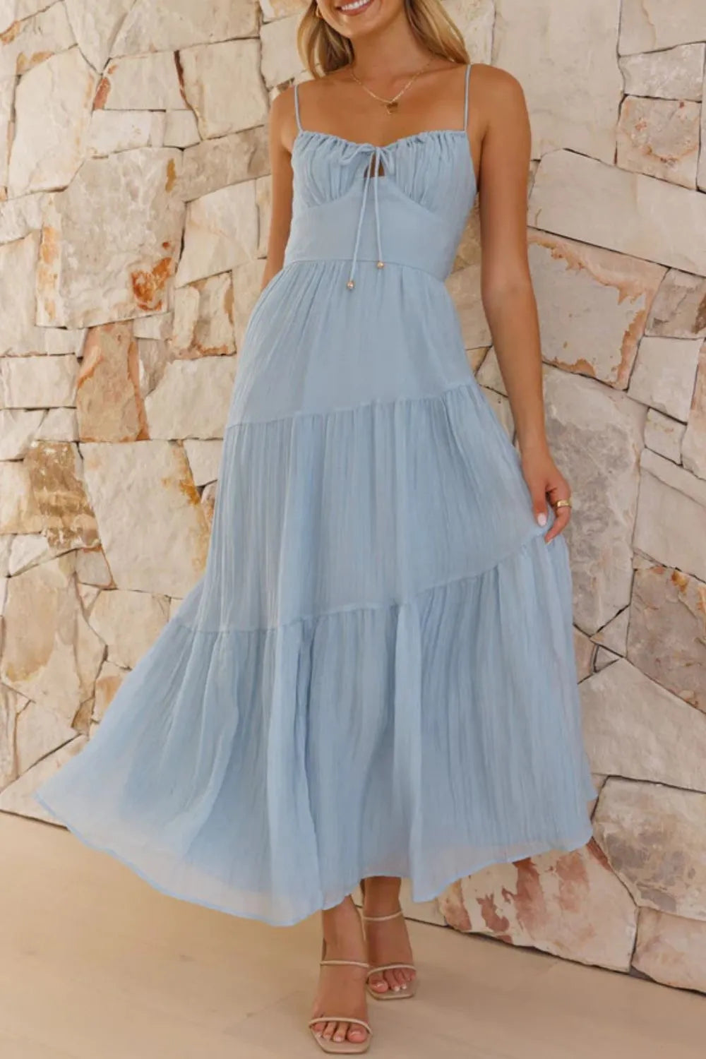 Smocked Back Cami Midi Dress in Light Blue