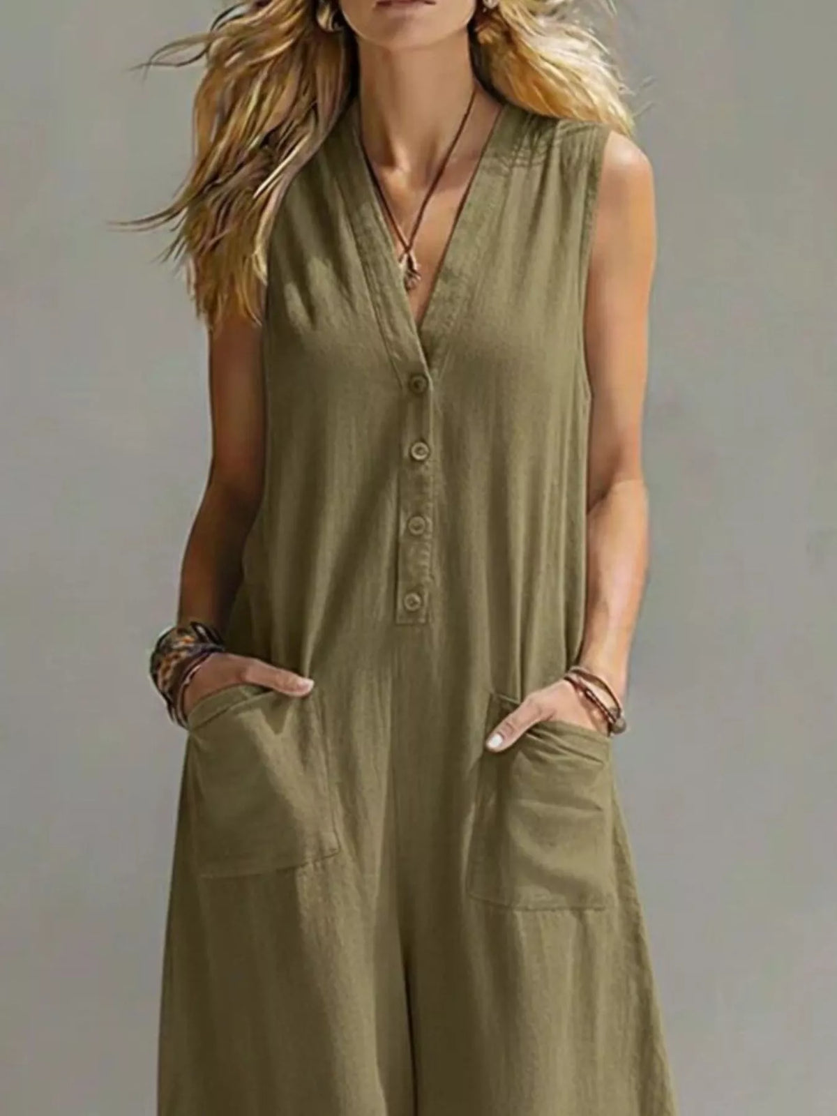 V-Neck Sleeveless Wide Leg Jumpsuit, Plus Size
