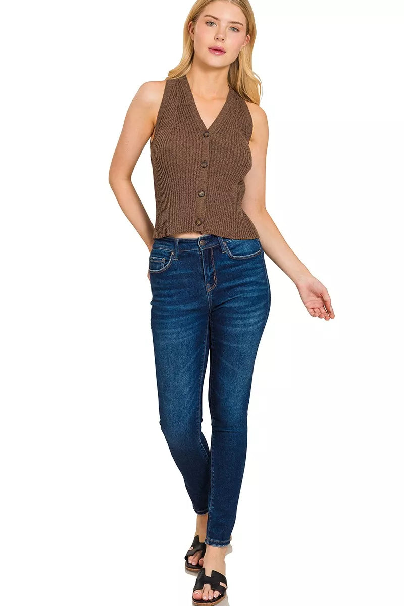 Zenana Ribbed Button-Down Sweater Vest in Brown