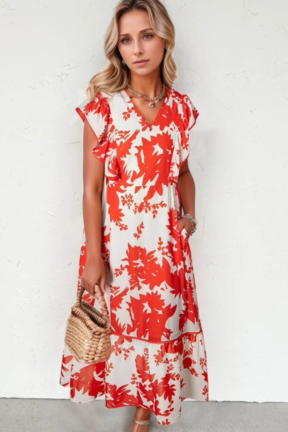 Floral V-Neck Midi Dress in Orange