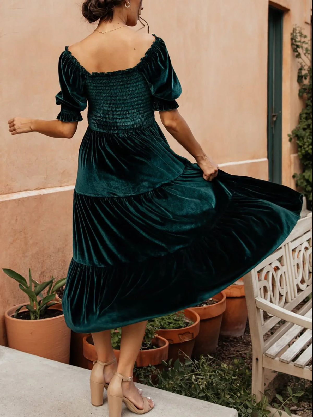 Smocked Half-Sleeve Tiered Midi Dress