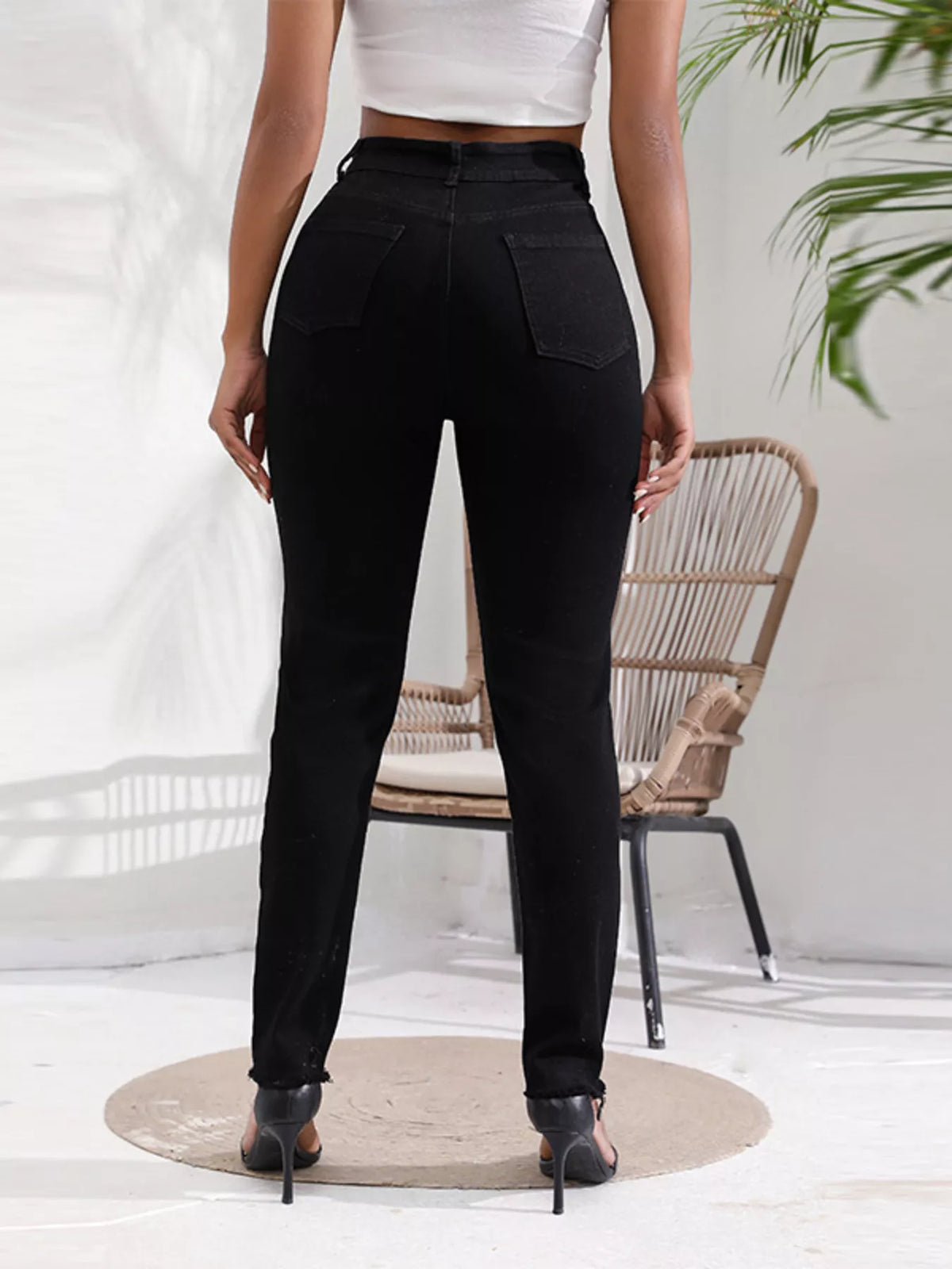 Distressed Raw Hem High-Waisted Jeans