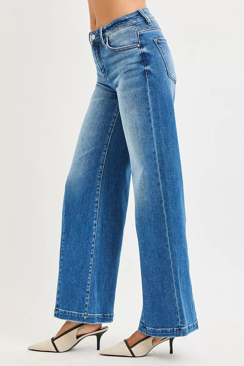 Risen Flared Wide Leg Jeans in Medium Wash