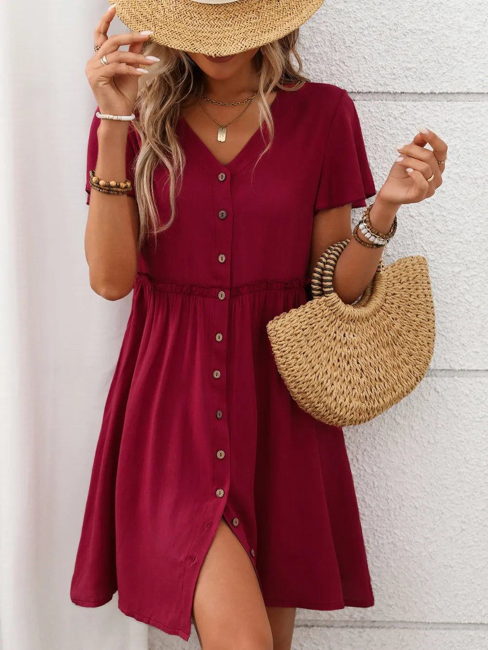 Button Front Flutter Sleeve Dress with Frill Detail