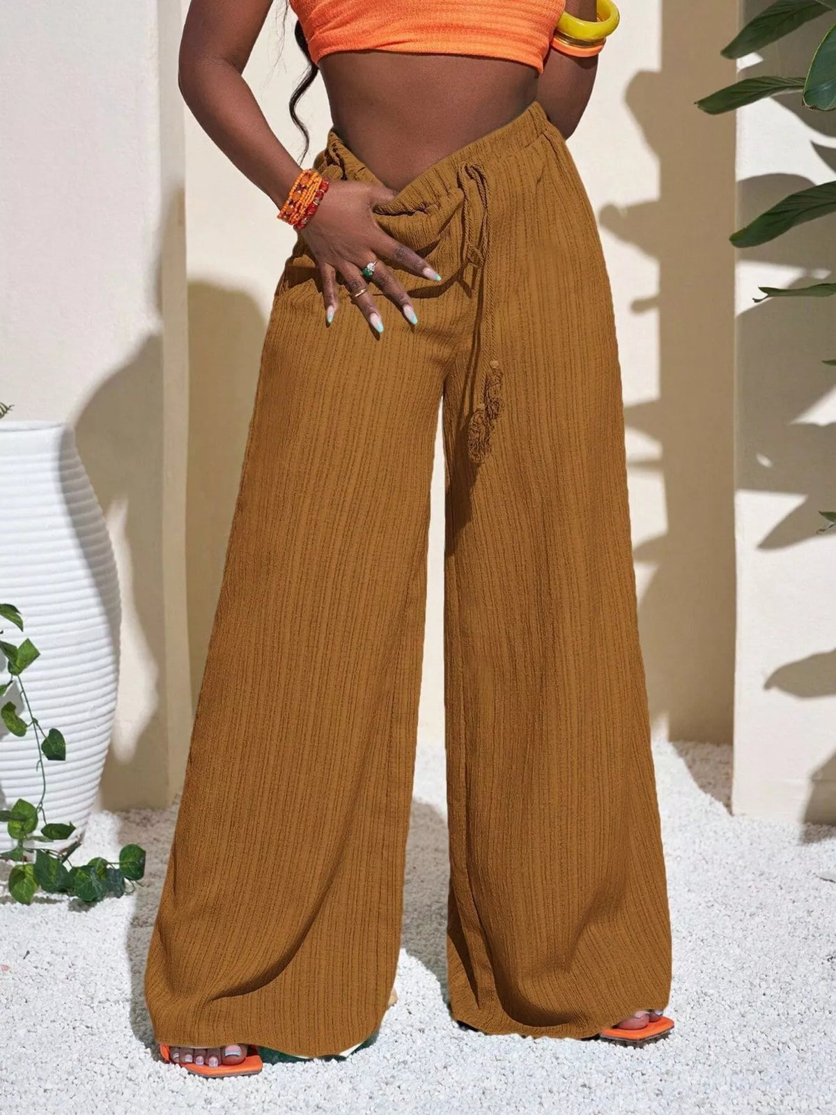 High-Rise Drawstring Wide-Leg Pants