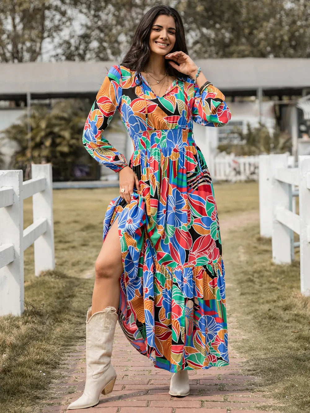Multicolor Smocked Balloon Sleeve Maxi Dress