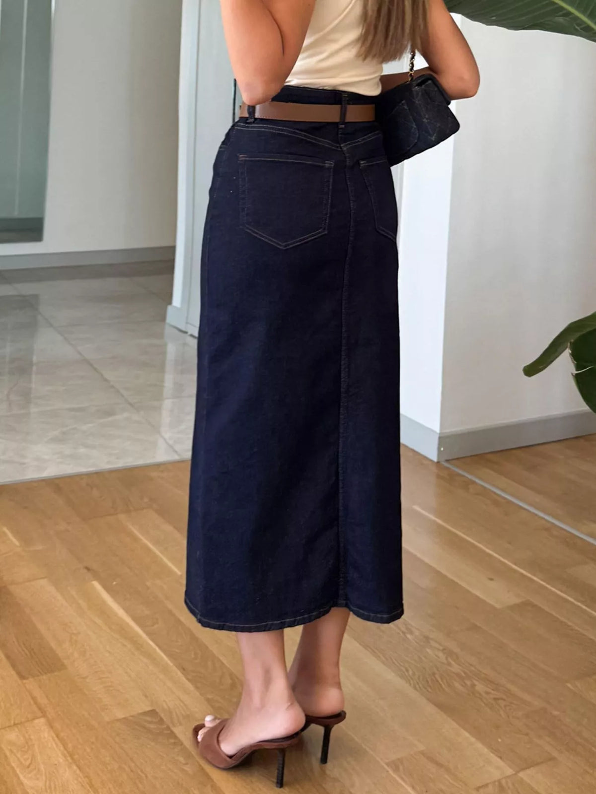 Slit Front Denim Skirt in Dark Blue by Lone Star Lady
