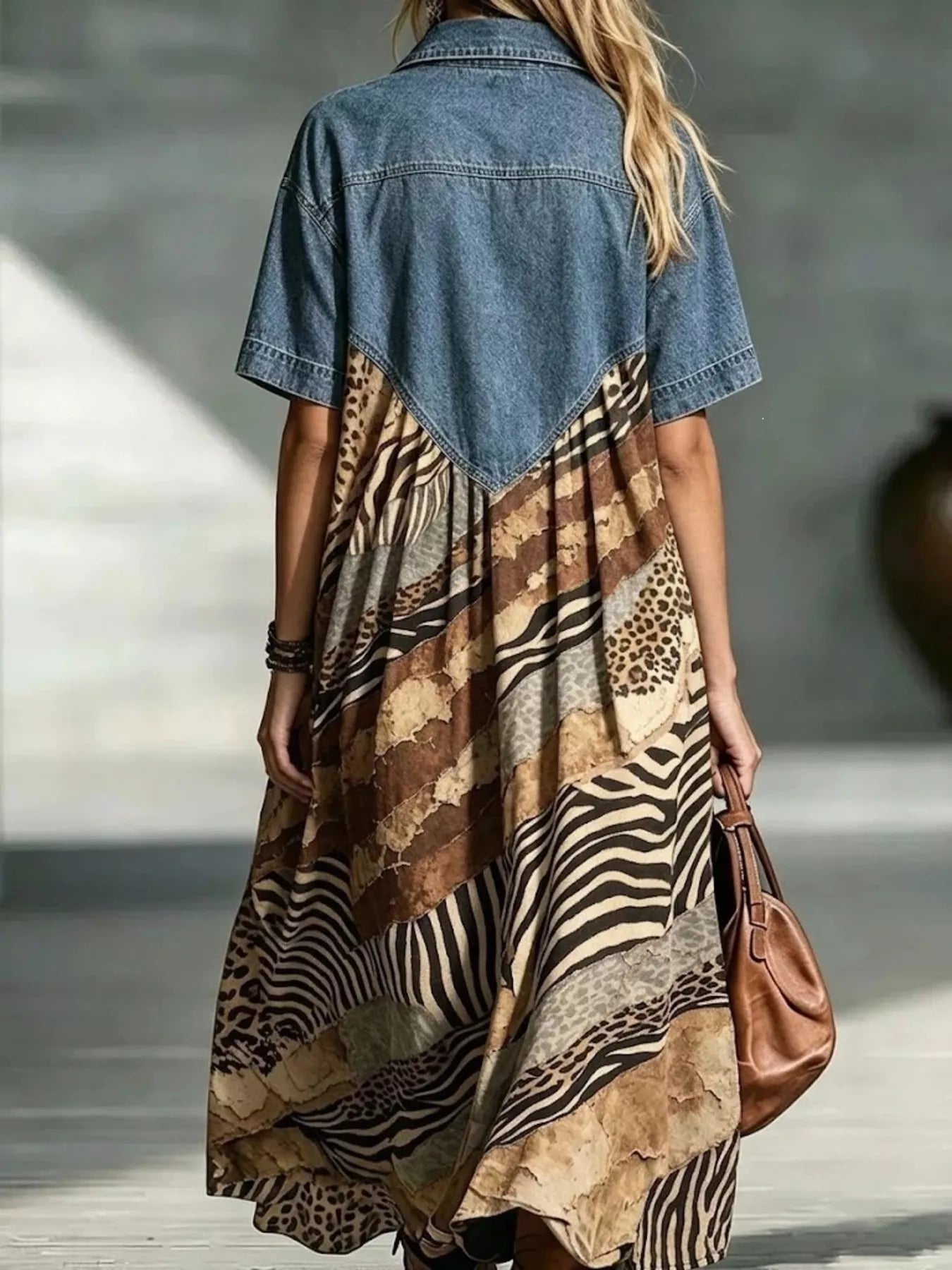 Denim Patchwork Print Shirt Dress