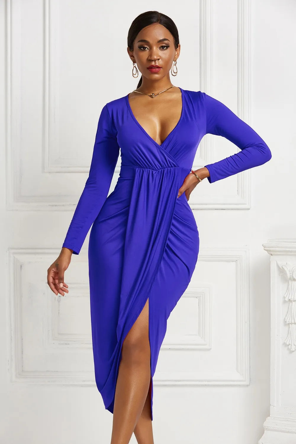 Ruched Surplice Long Sleeve High-Low Dress