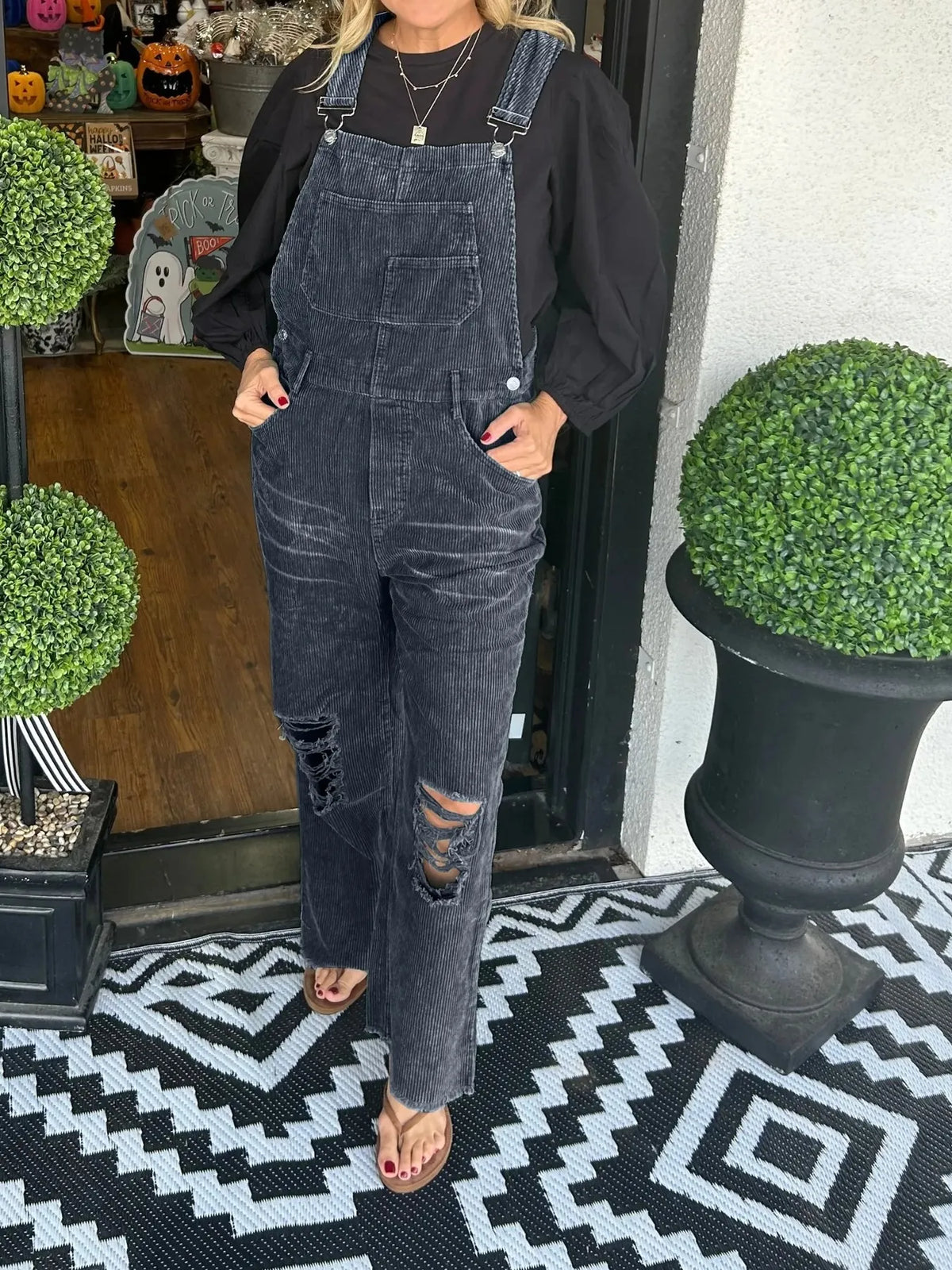 Distressed Wide Leg Corduroy Overalls