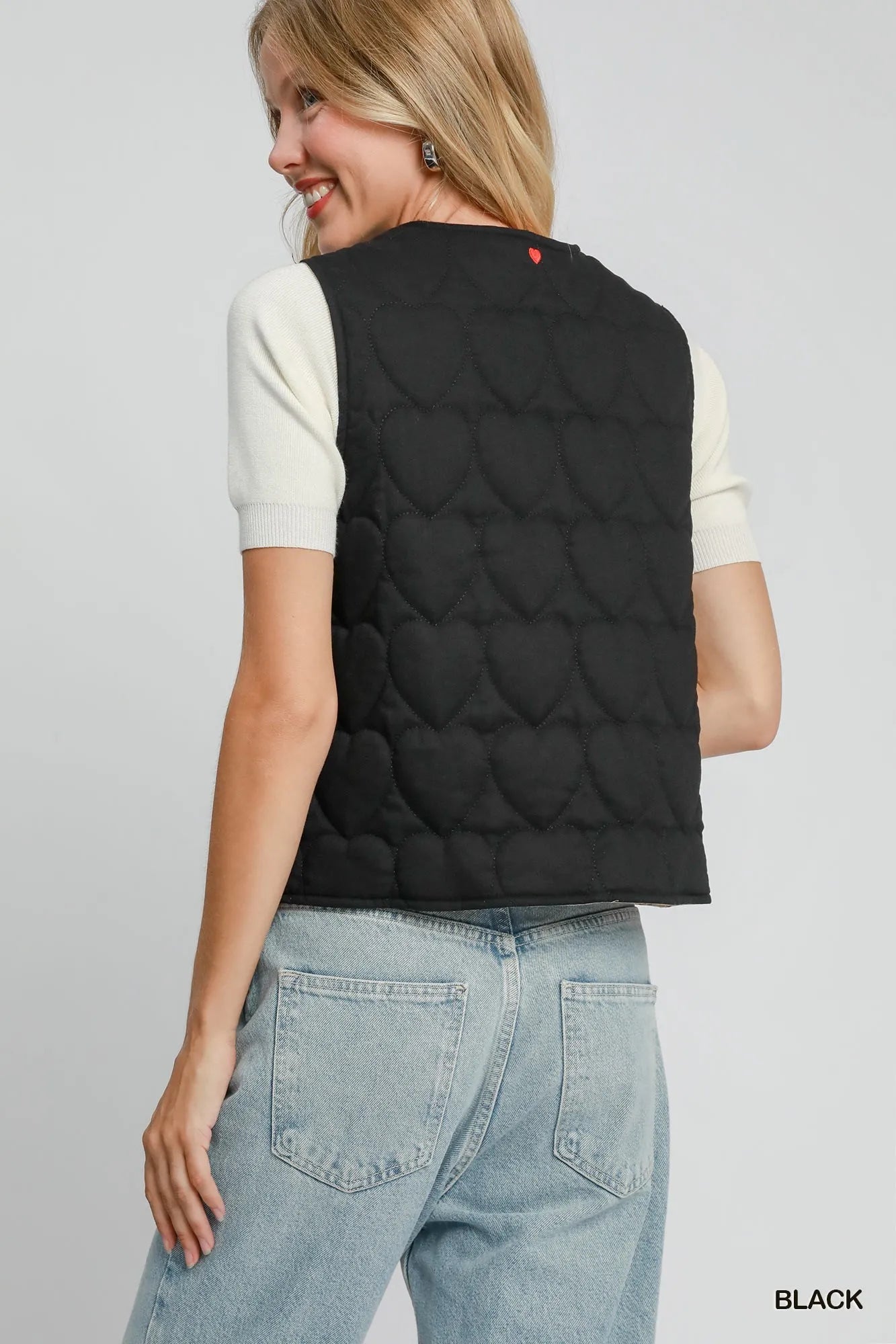 Umgee Heart Quilted Tie-Front Vest in Black