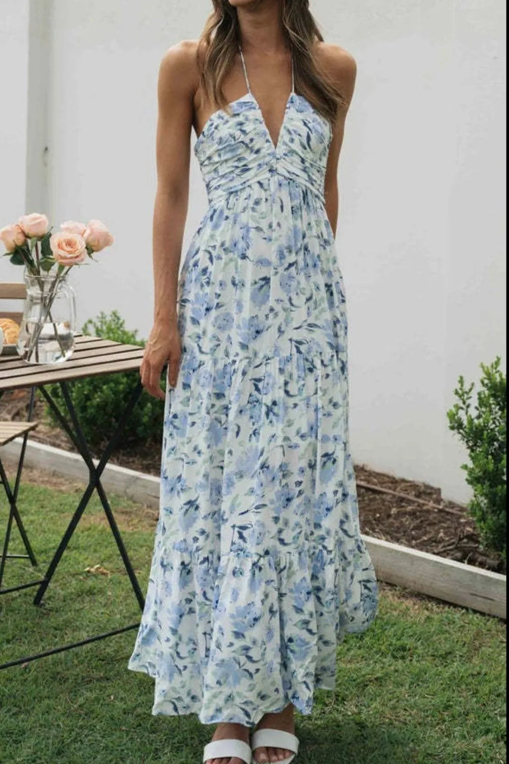 Floral Halter Tiered Maxi Dress in Watermelon Pink