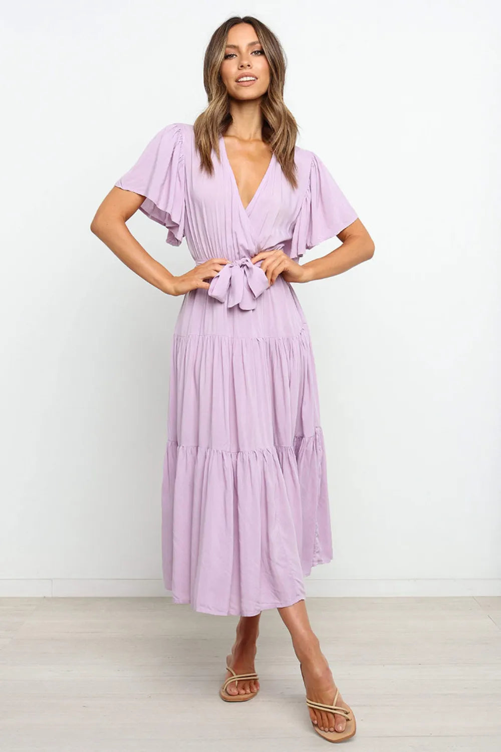Tied-Back Tiered Midi Dress