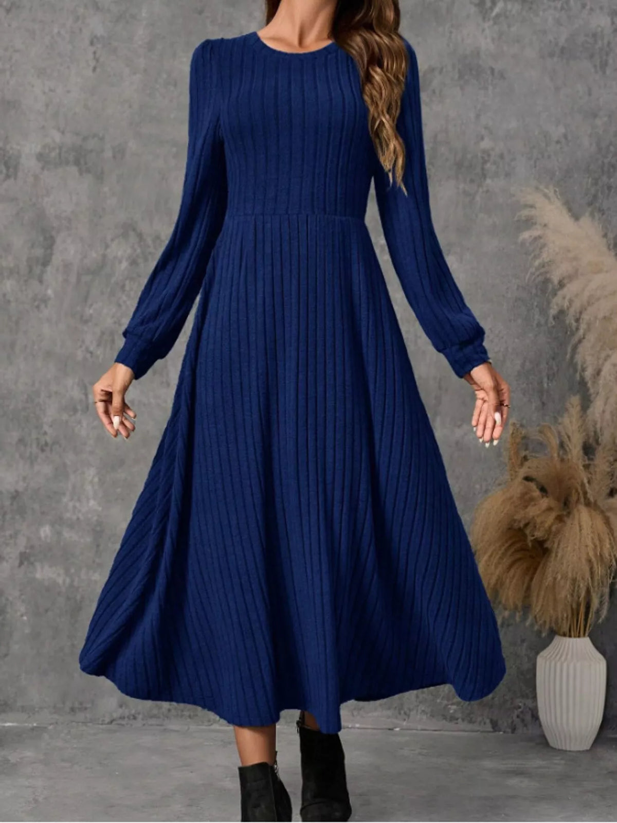 Ribbed Knit A-Line Midi Dress