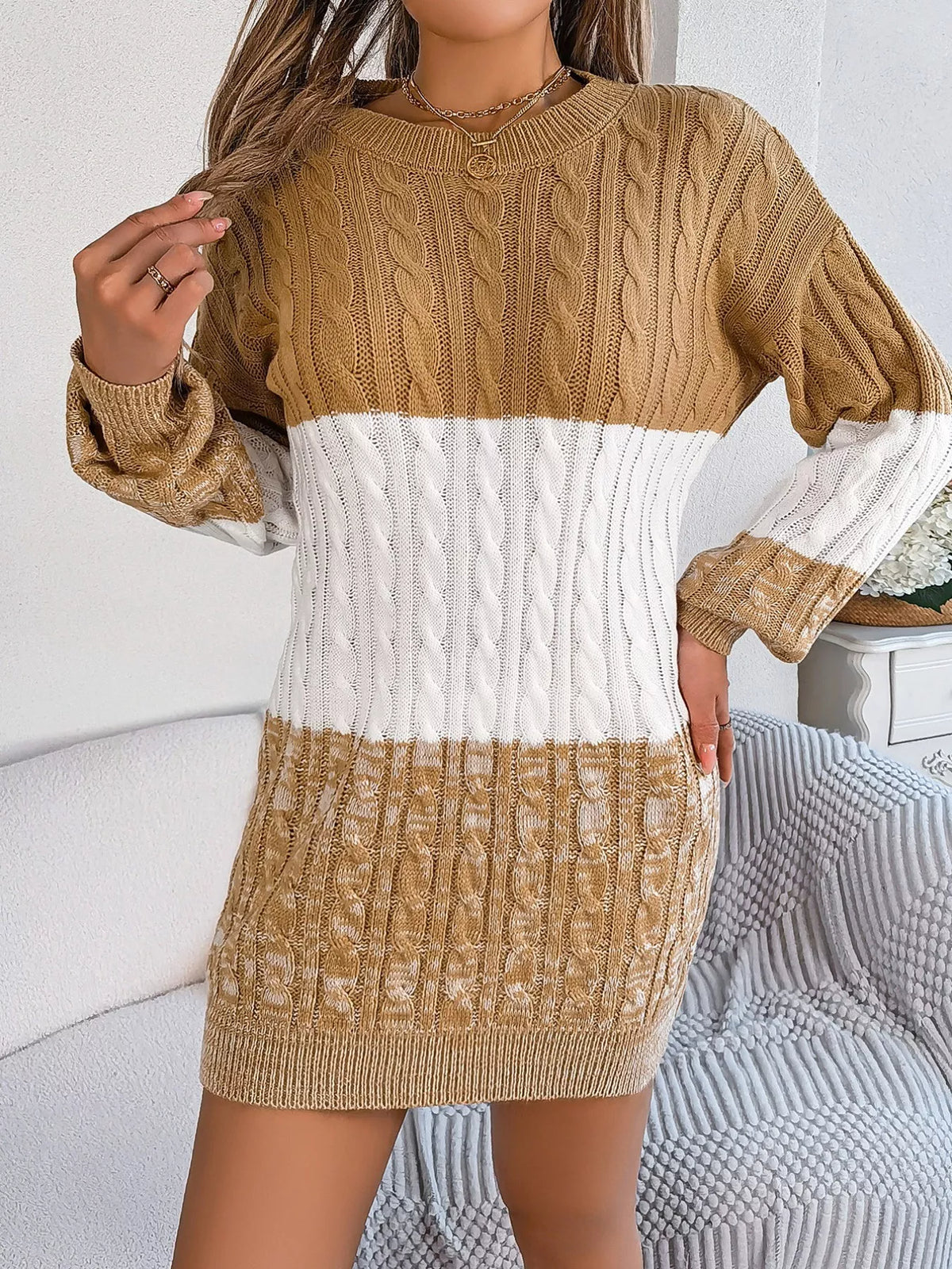 Color Block Cable Knit Sweater Dress