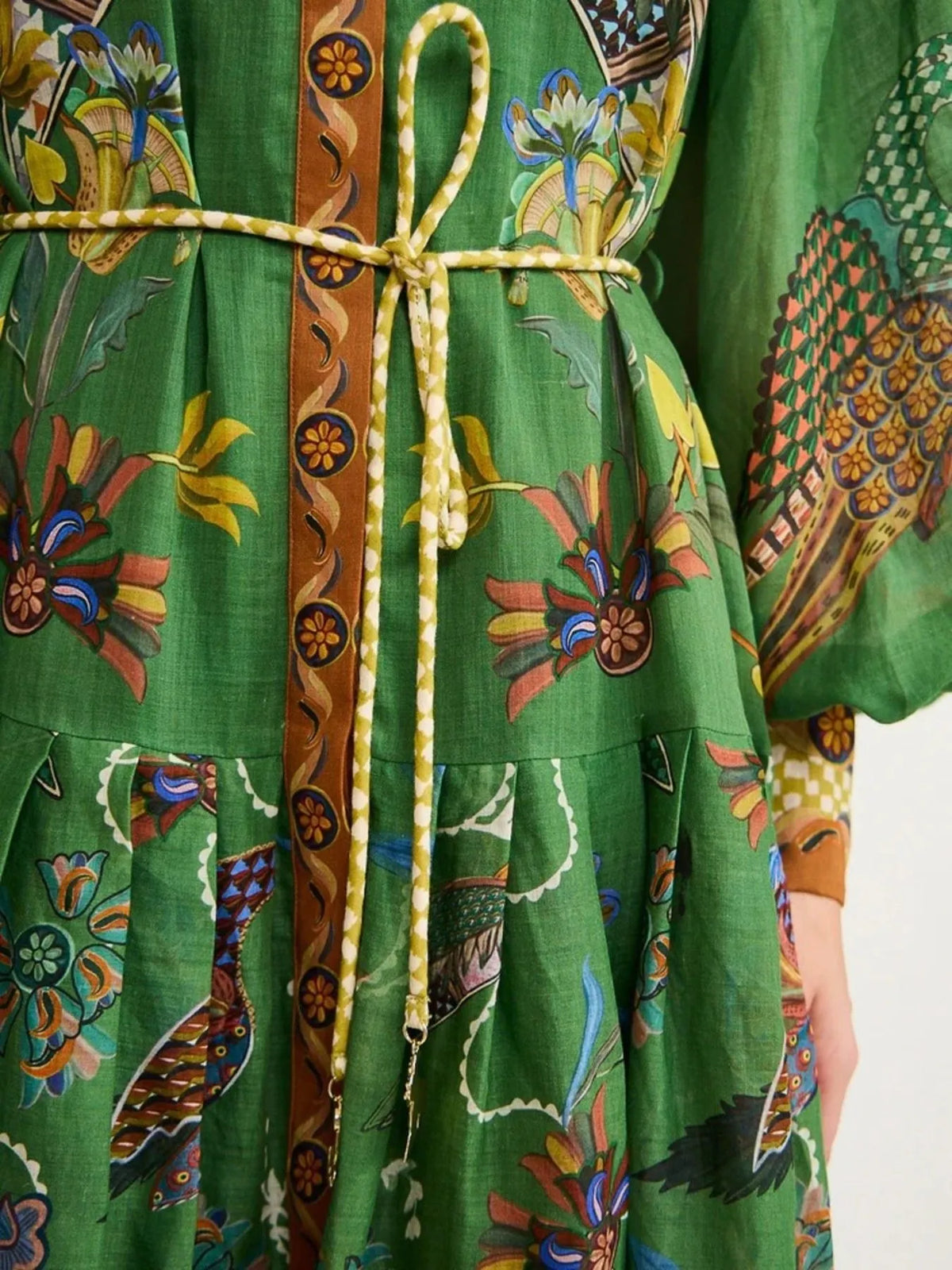 Printed Lantern Sleeve Shirt Dress in Green