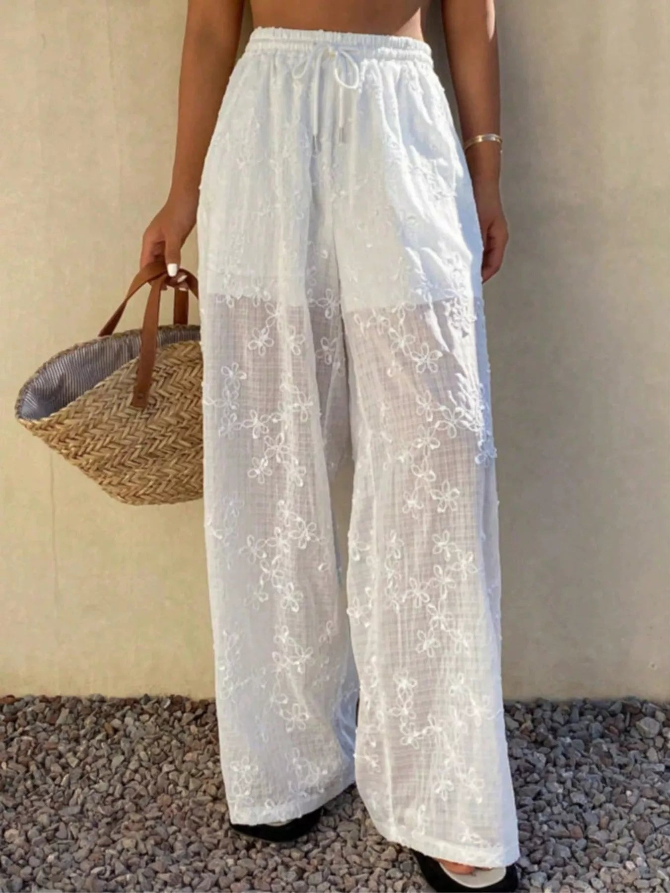 Embroidered Drawstring Wide-Leg Pants in White