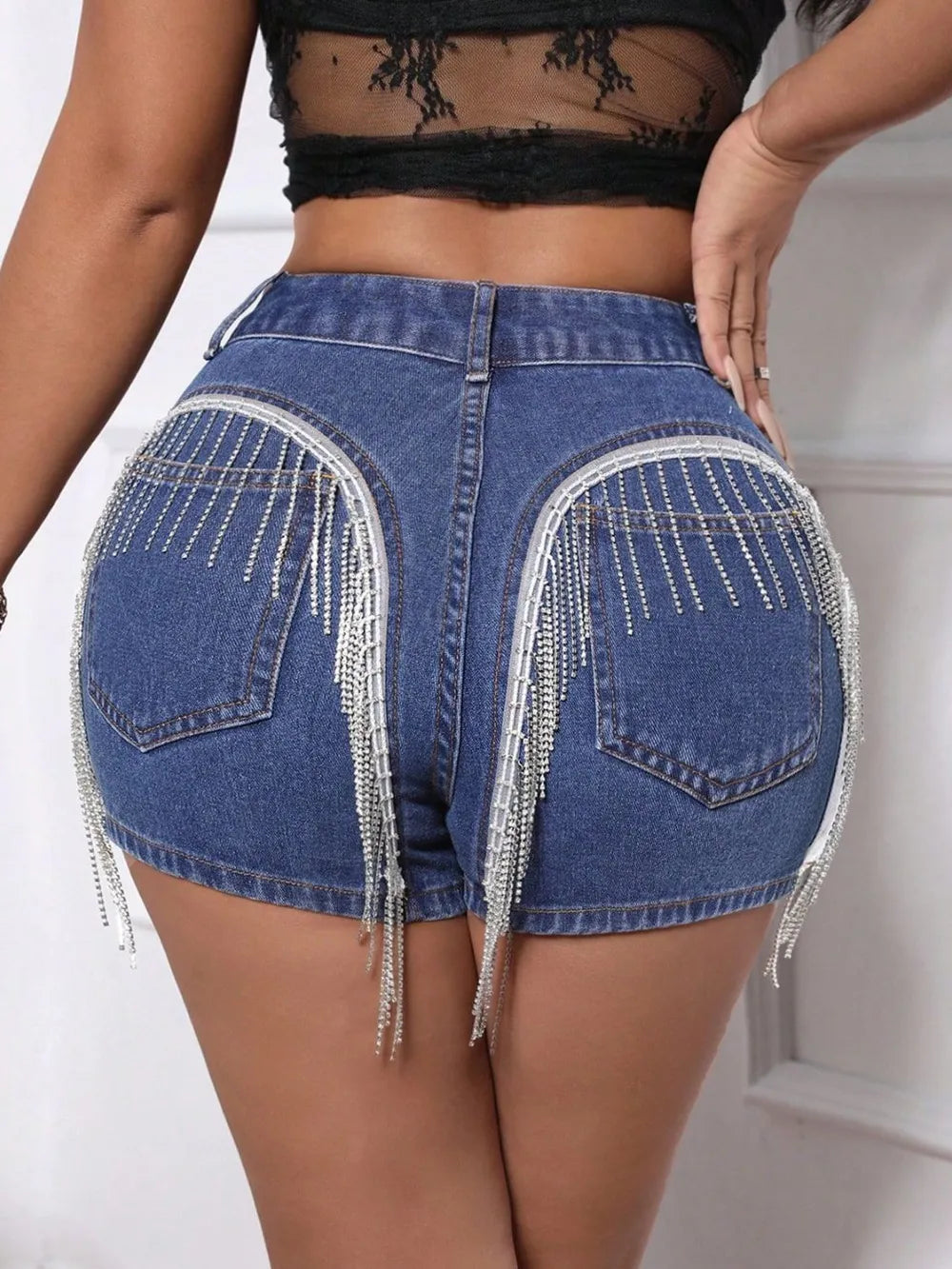Fringe Back Denim Shorts in Medium Wash