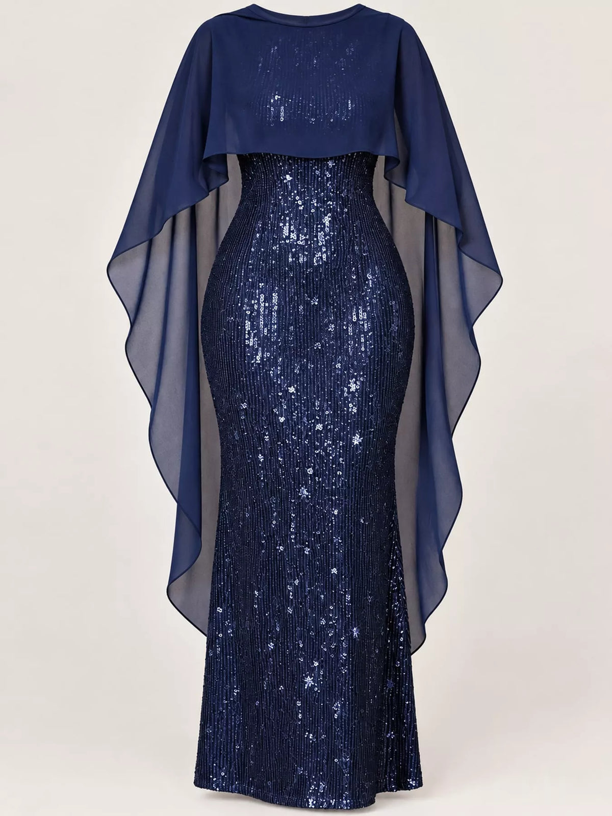 Sequin Cape-Overlay Evening Dress