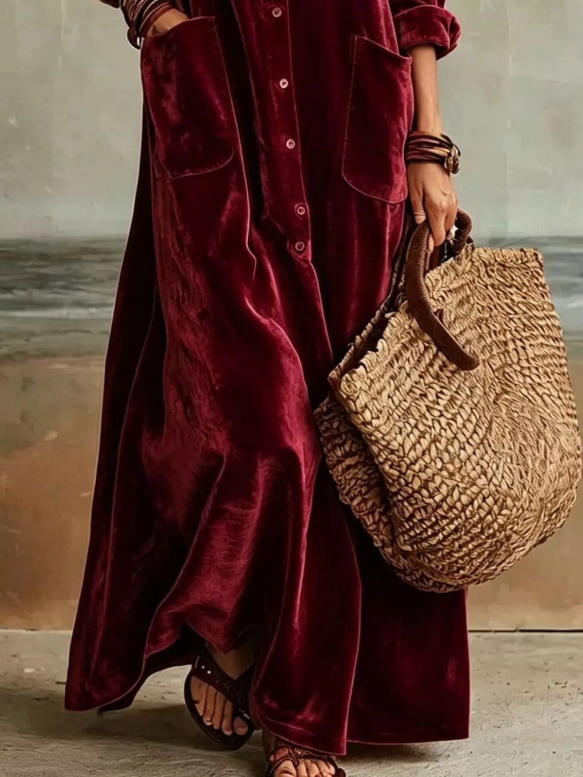 Bohemian Velvet Button-Down Maxi Dress