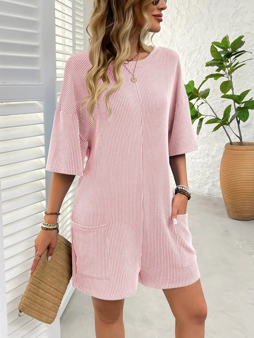 Backless Textured Half Sleeve Romper
