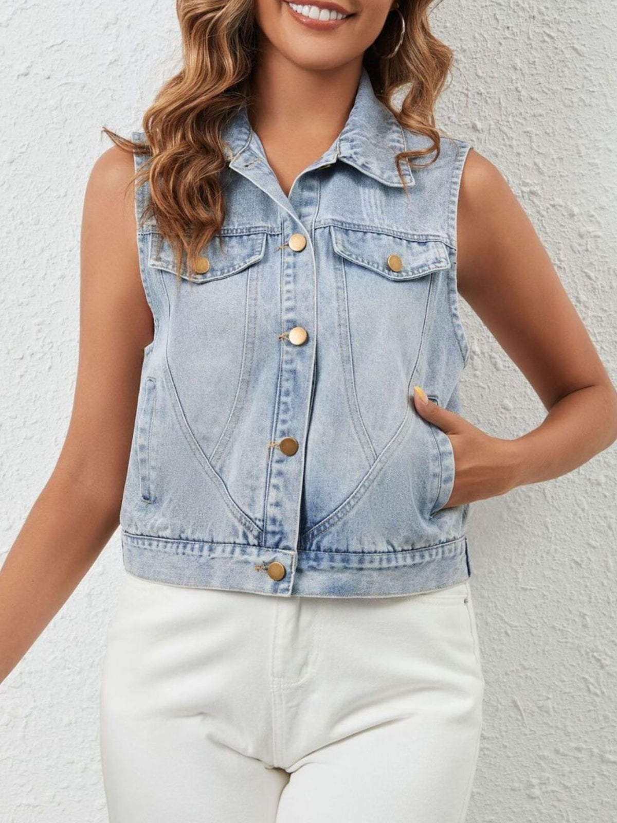 Sleeveless Button-Up Denim Jacket in Light Blue