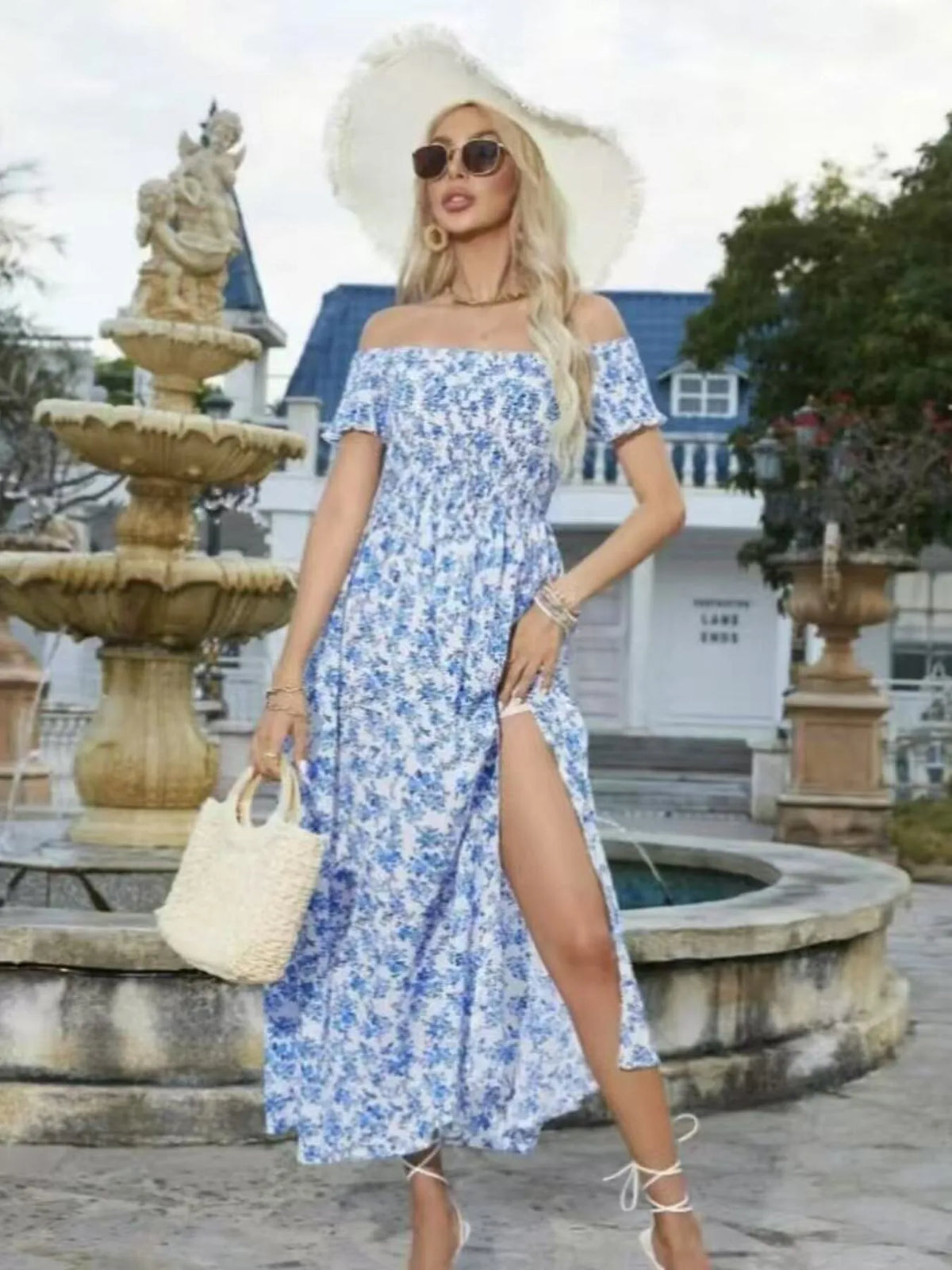 Off-Shoulder Smocked Floral Midi Dress