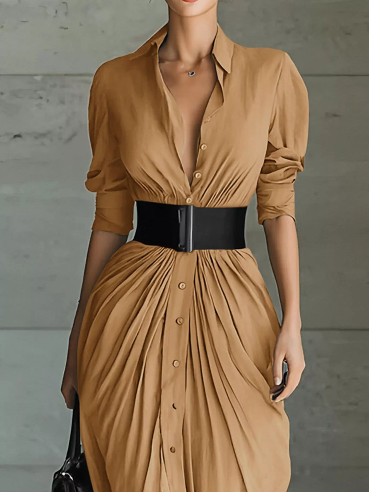 Ruched Button-Front Shirt Maxi Dress