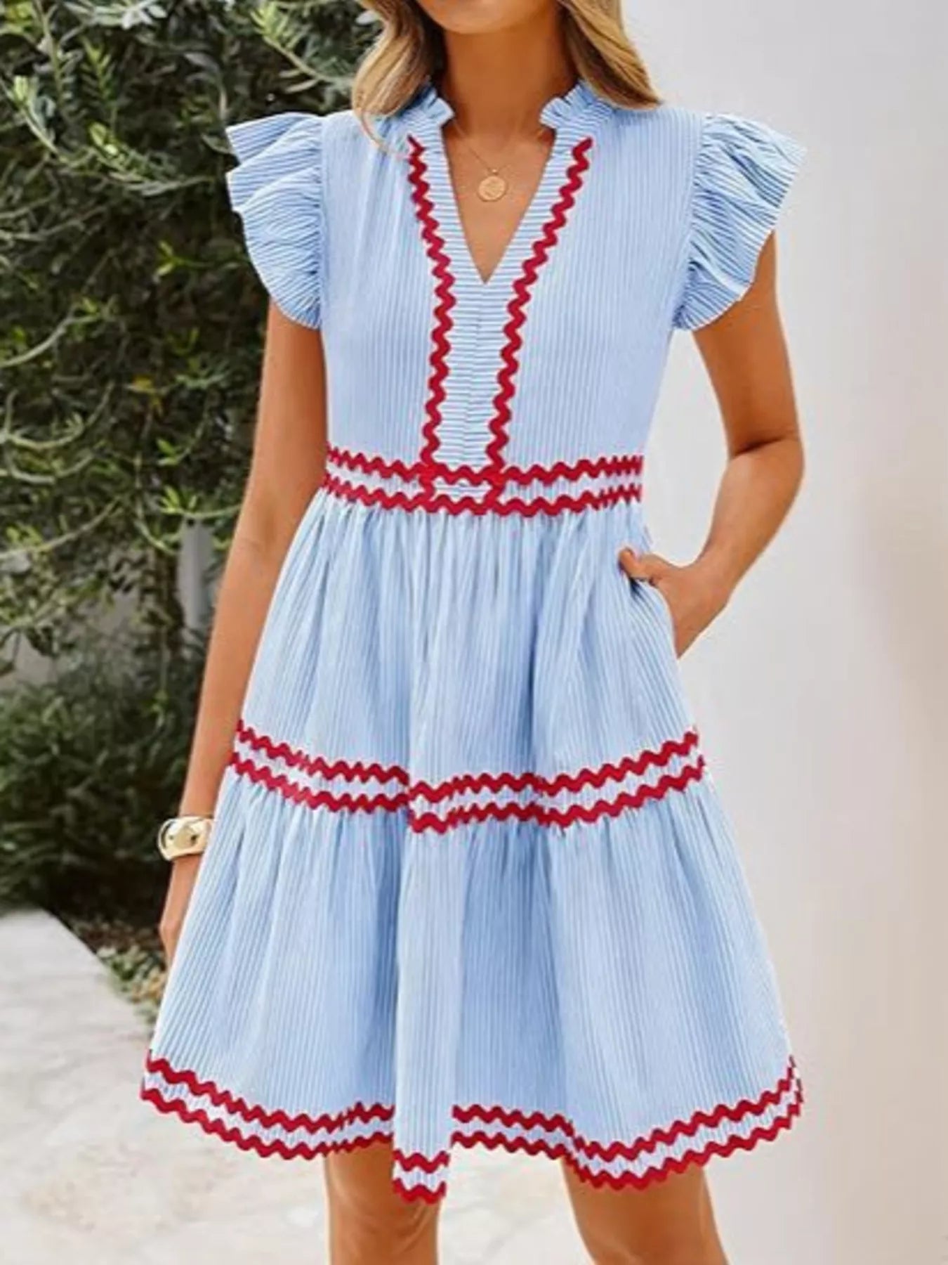 Striped Tiered Dress with Ruffle Sleeves