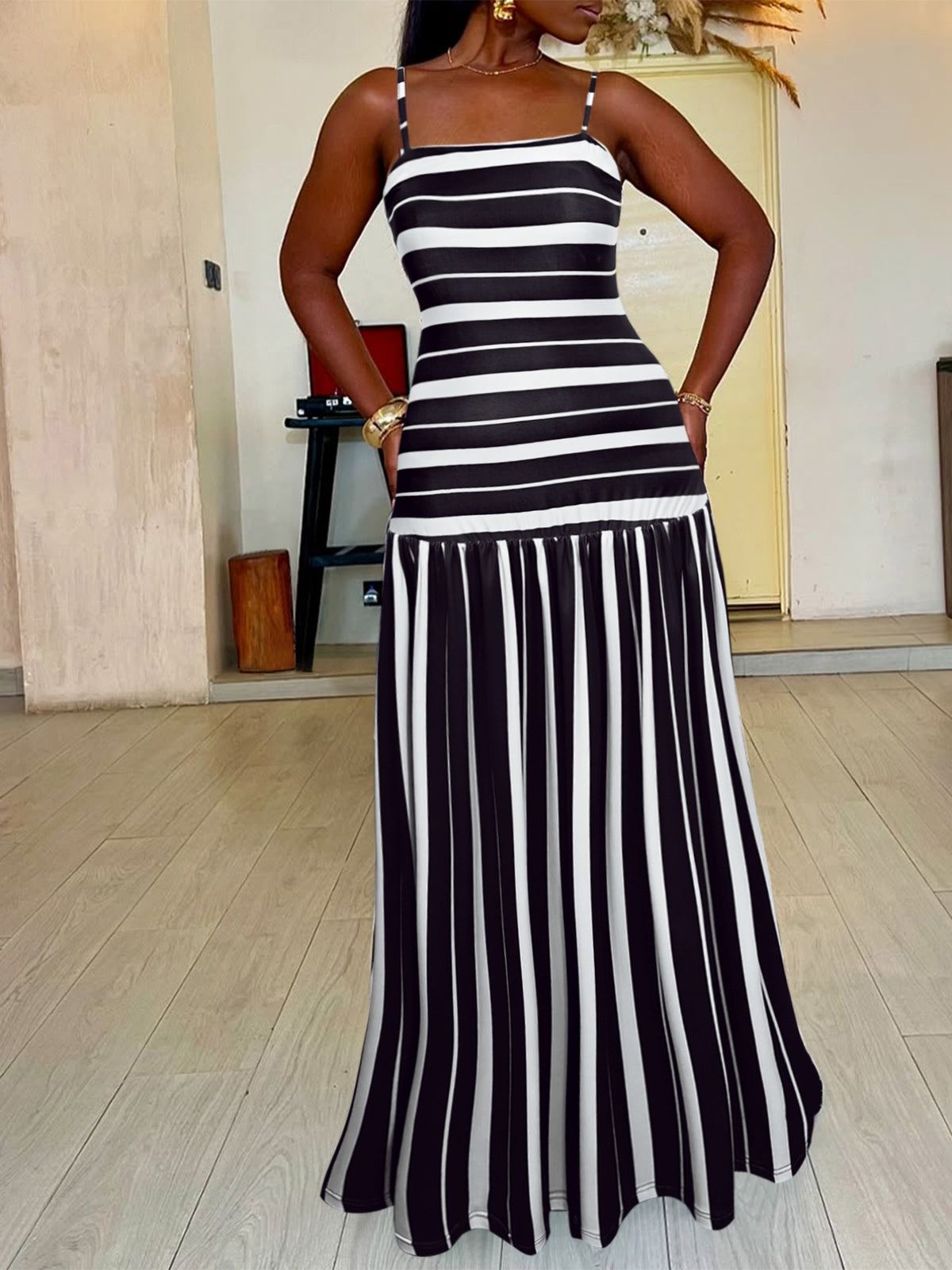 Plus Size Striped Spaghetti Strap Maxi Dress in Black