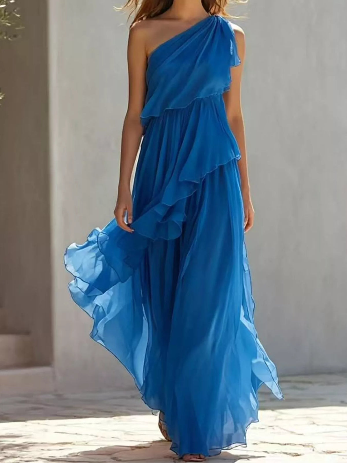 One-Shoulder Ruffled Chiffon Maxi Dress