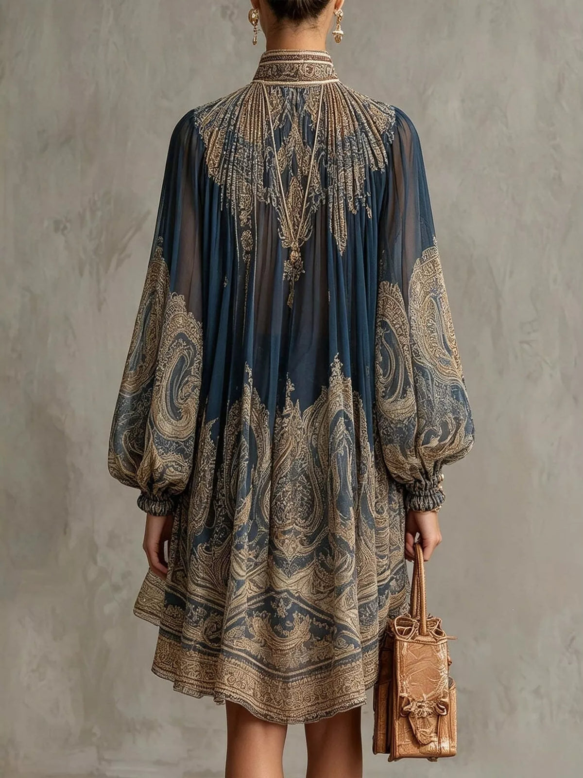 Paisley Print Chiffon High-Low Mini Dress in Navy