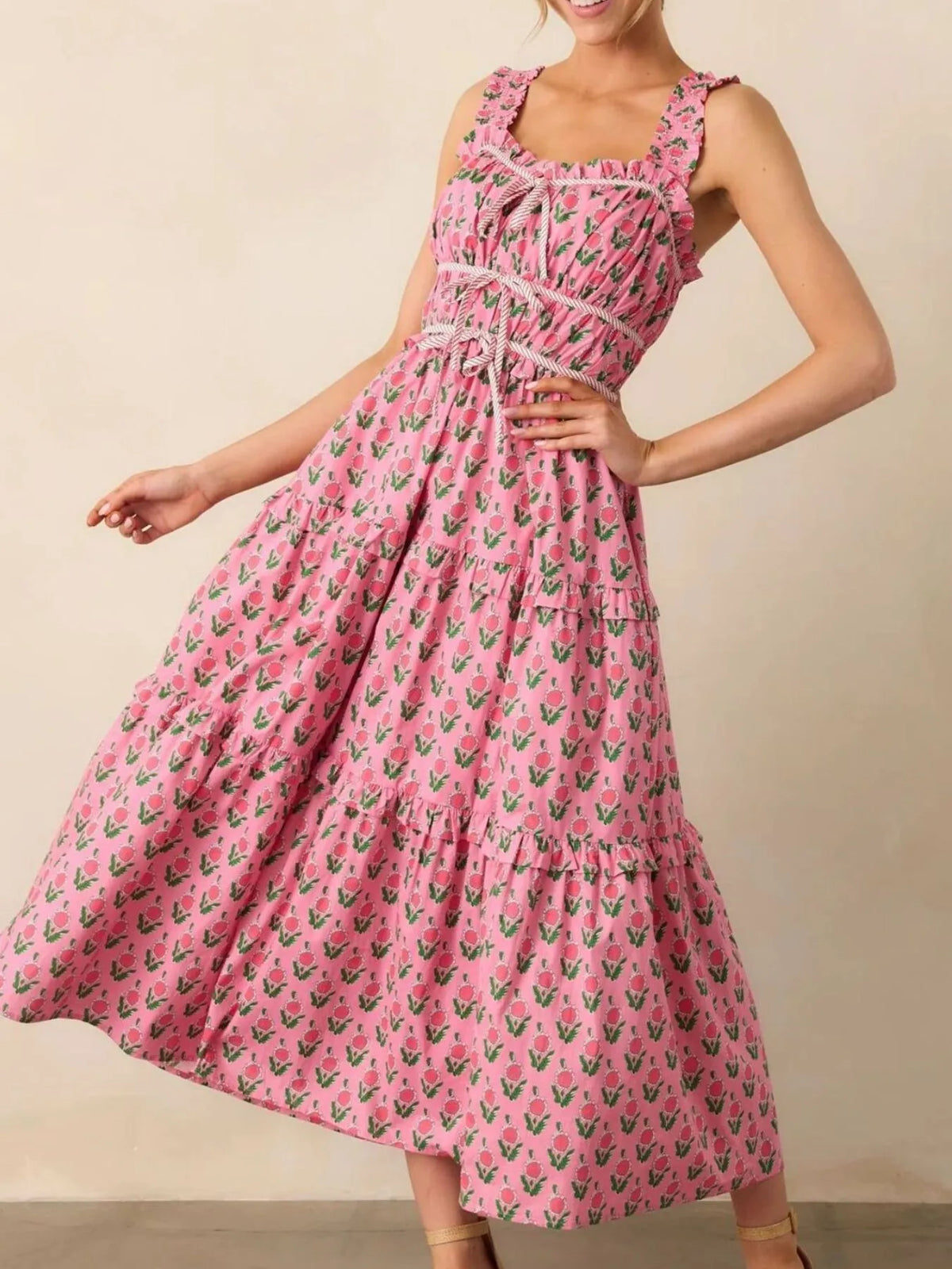 Floral Print Ruffled Midi Dress with Pockets in Pink