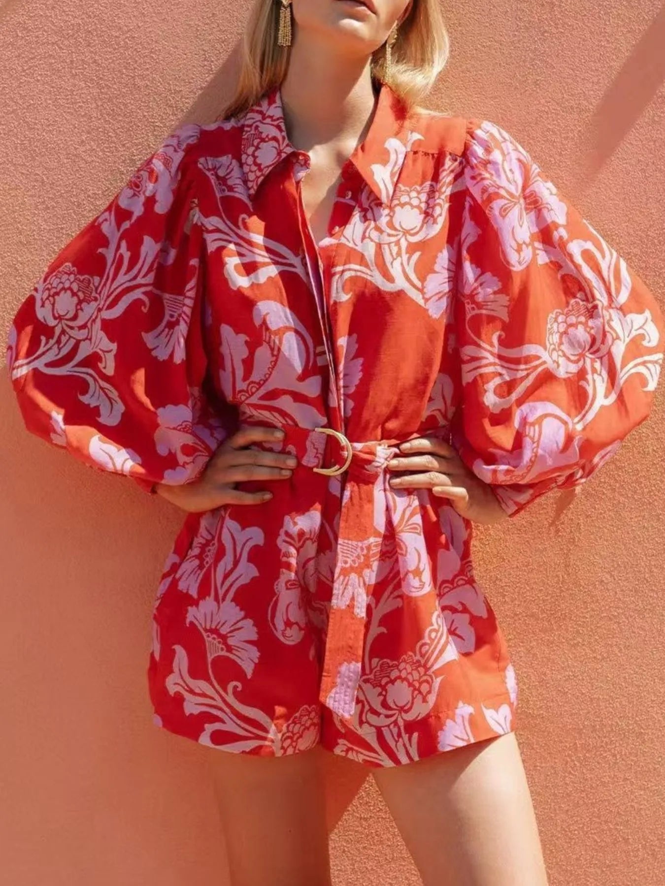 Printed Long Sleeve Belted Romper in Red