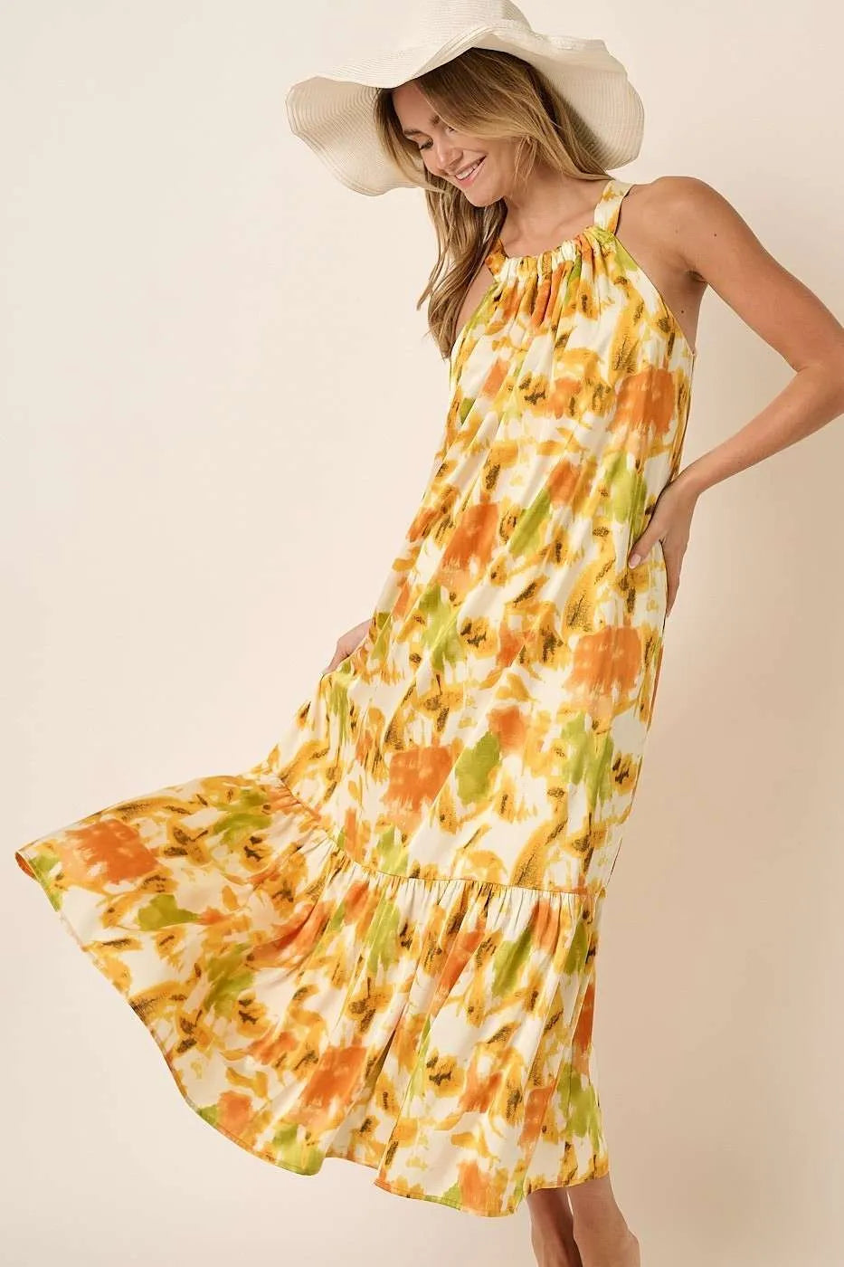 Watercolor Print Halter Maxi Dress in Orange by Mittoshop