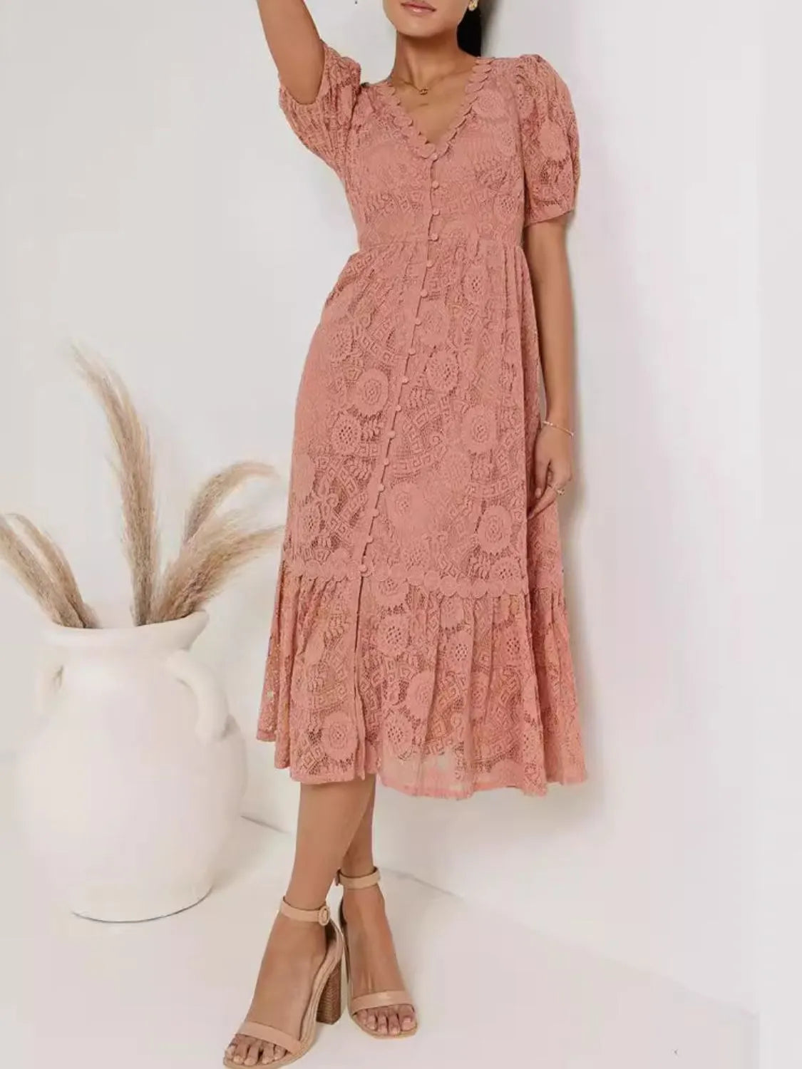 Lace V-Neck Short Sleeve Dress in Dusty Pink