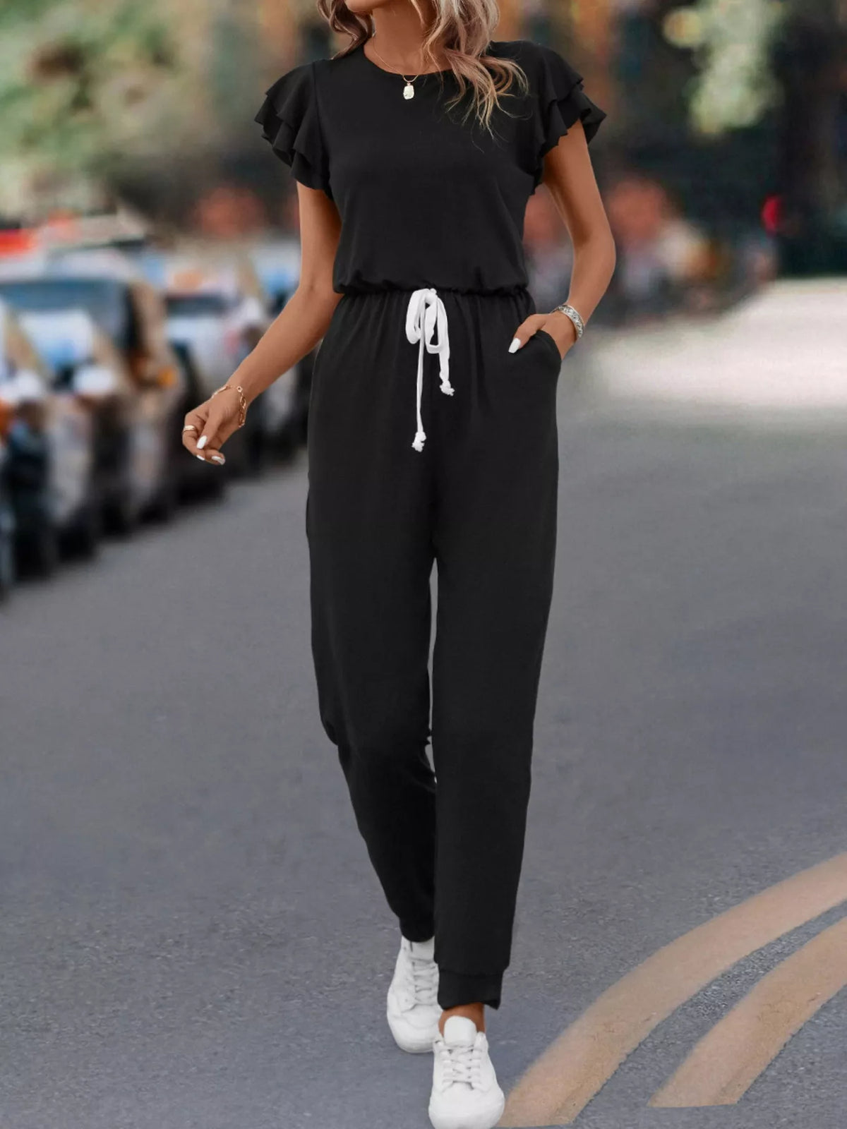 Ruffle Sleeve Drawstring Waist Jumpsuit in Black