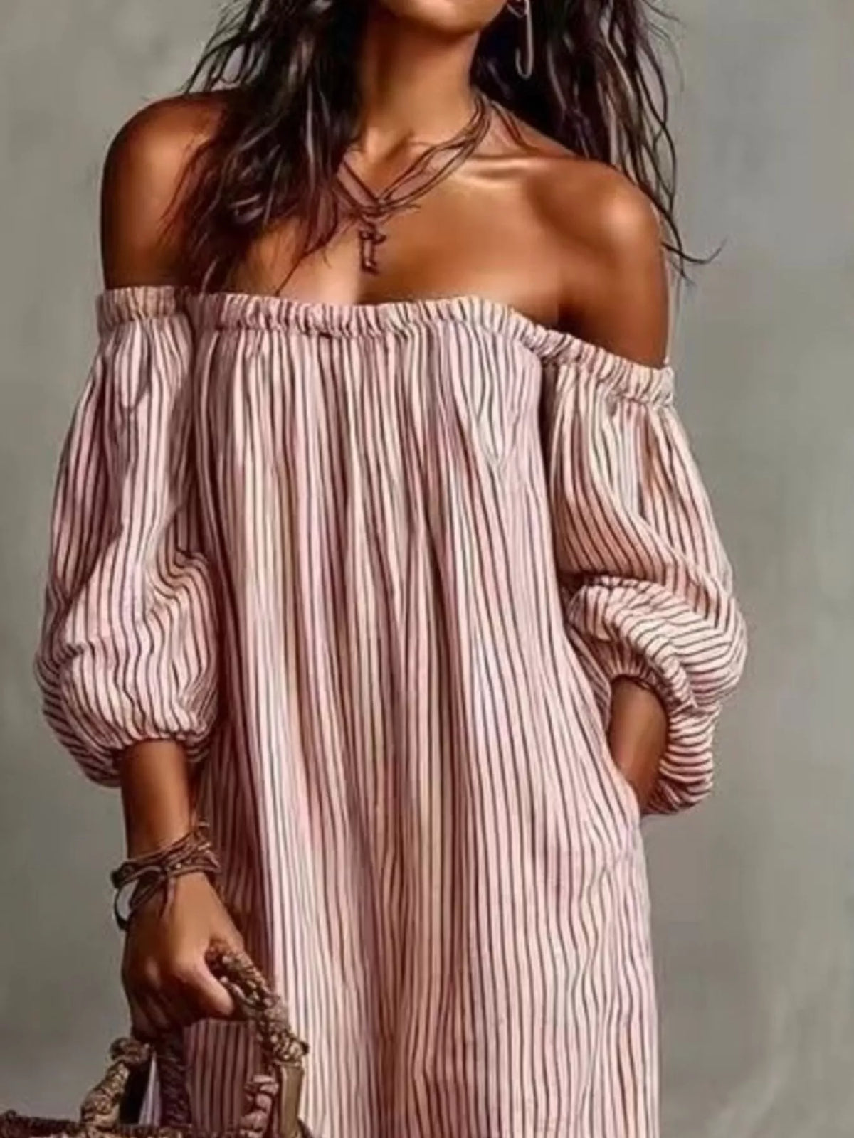 Off-Shoulder Striped Maxi Dress with Puff Sleeves
