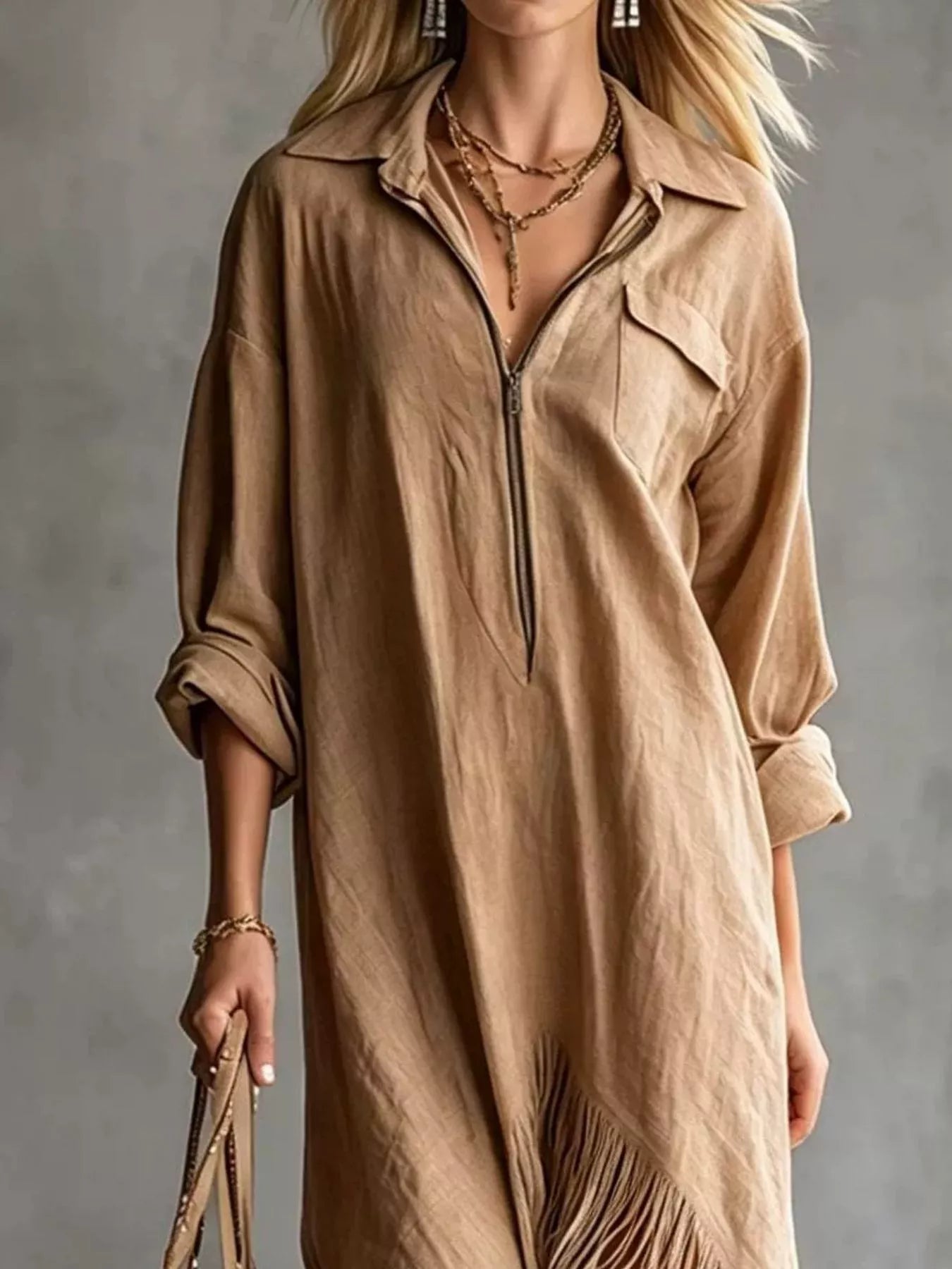 Fringe Hem Zip-Front Shirt Dress